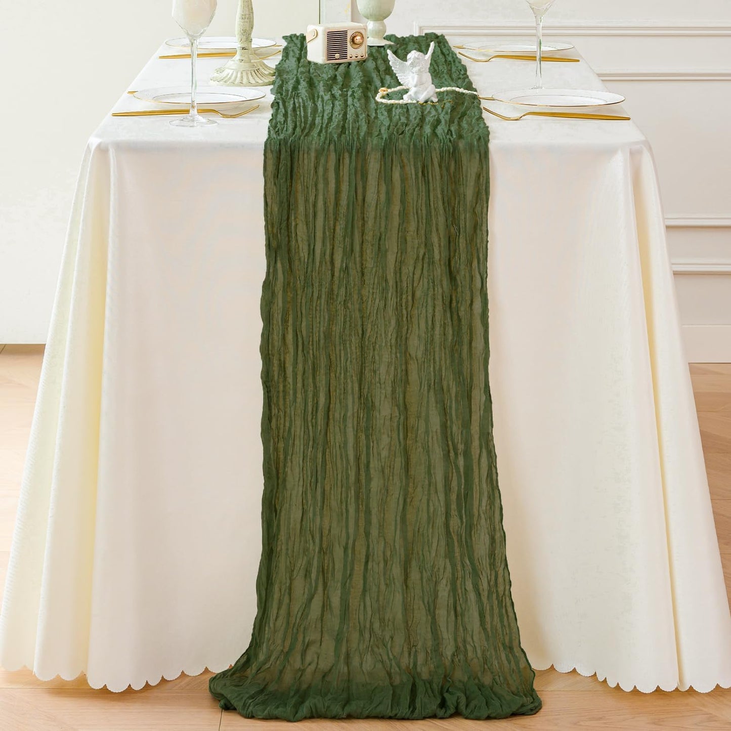 Sioloc 1 Pack Moss Green Cheesecloth Table Runner Fall Autumn Decor for Home 10ft Table Cloth for Tea Wedding Birthday Party Baby Bridal Shower Halloween Thanksgiving
