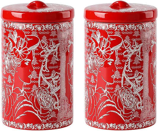 Porlien Lady Porcelain 15-ounce Canisters Set of 2, Food Storage Containers with Lid for Coffee Beans, Tea, Condiments & Nuts, Gifts for Mothers'Day, Thanksgiving, Christmas, Valentine’s Day