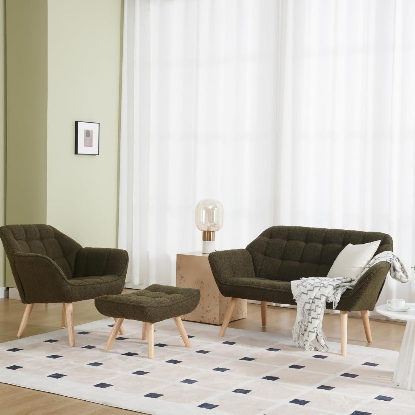 48”Small Loveseat Sofa, Modern Sherpa Upholstered Mini Couch 2-Seater Fluffy Love Seat with Quilting Backs and Wood Legs for Small Space, Living Room, Bedroom, Green