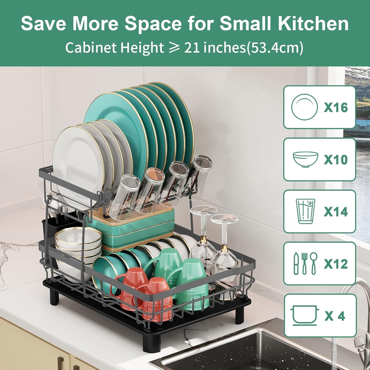 MOUKABAL Dish Drying Rack, 2 Tier Dish Rack, Large Dish Racks for Kitchen Counter, Dish Drainer with Removable Utensil Holder, Drainboard (Grey)