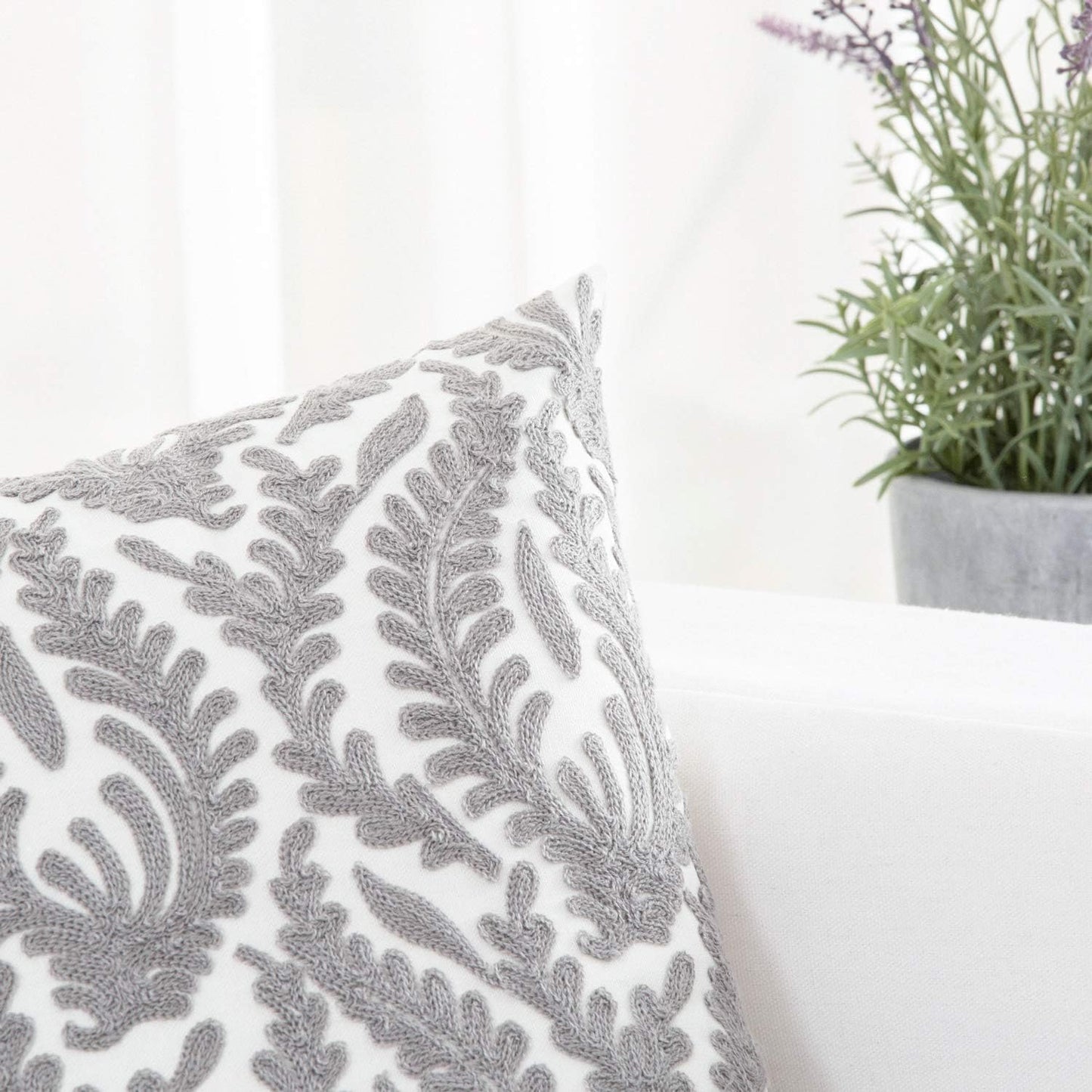 HWY 50 Grey Gray Decorative Throw Pillow Covers 18x18 Inch (1 Piece), Embroidered Cotton Farmhouse Cushion Cover Pillow Case for Sofa Couch Living Room Bed Bedroon, Floral Branches