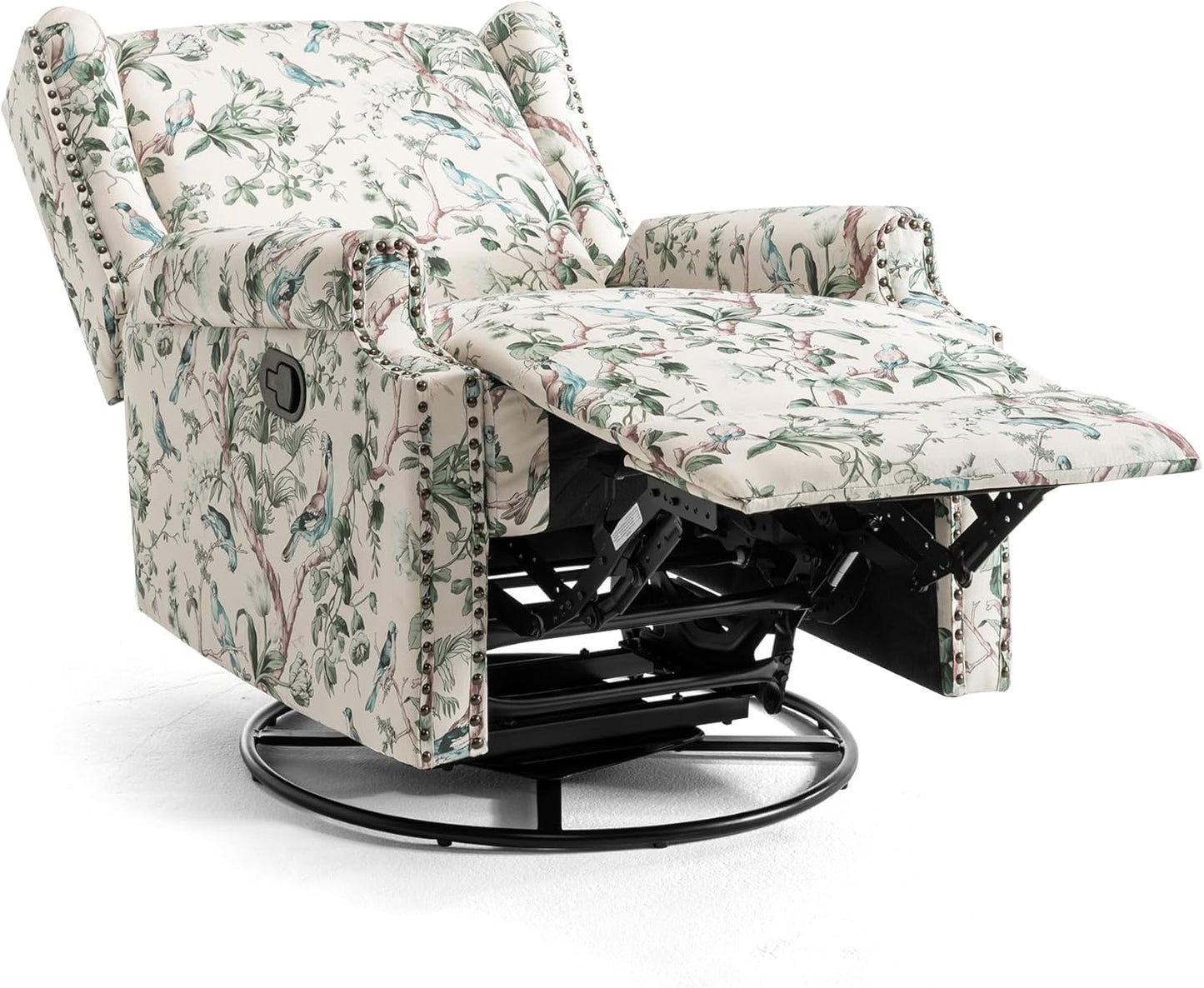 UIXE Swivel Rocker Manual Recliner Chair, Wingback Swivel Glider Fabric Nursery Reclining Sofa Chair, High Back Upholstered Arm Chair for Living Room Bedroom - Bird Pattern