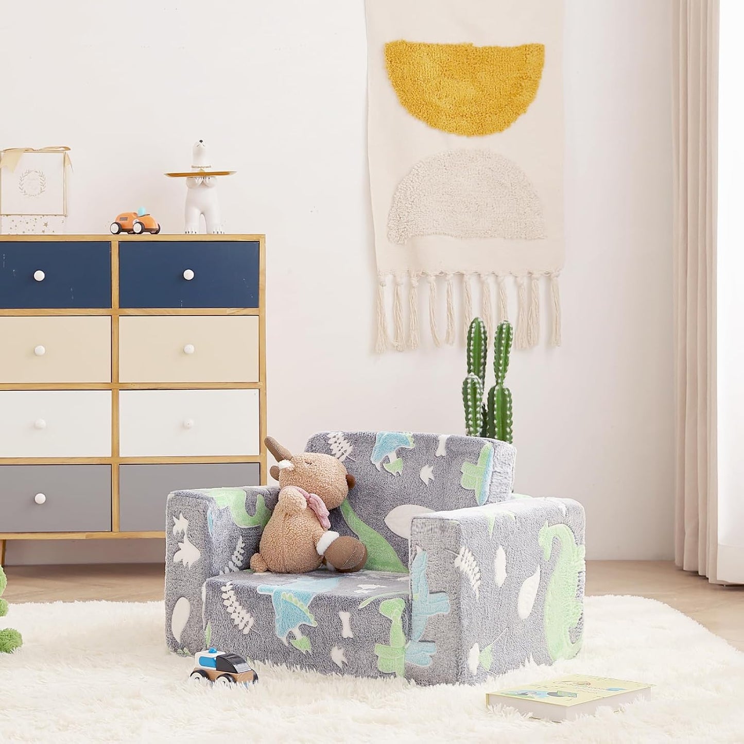 Toddler Chair Kids Couch, 2-in-1 Toddler Soft Sherpa Couch Fold Out Armchair with Removable Cover, Convertible Reading Chair Toddler Sofa for Kids, Glow in The Dark Plush Grey Dinosaur
