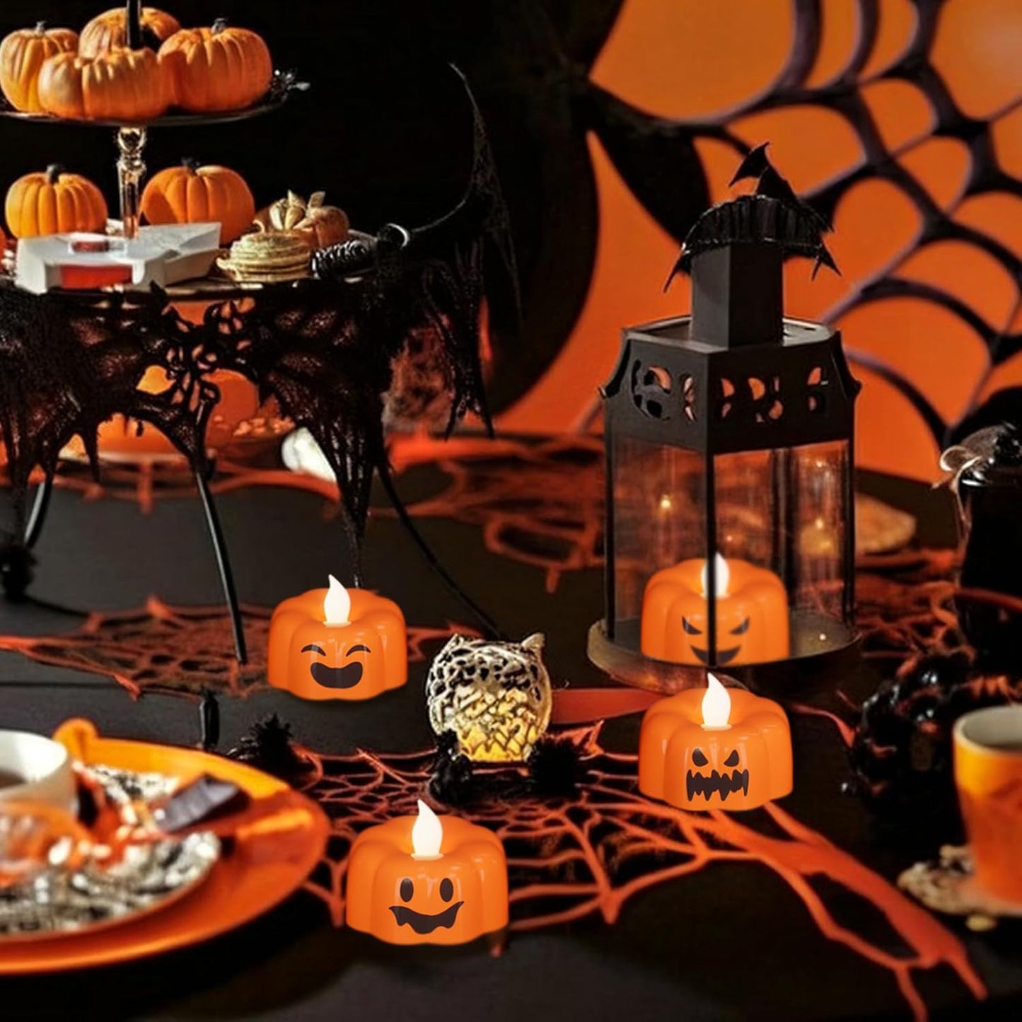 Wondise Halloween Flameless Candles, Pumpkin Battery Operated Candles with Timer, LED Flickering Votive Tealight Spooky Candles for Halloween Decorations Indoor (6 Pack, 1.9" x 1.6")