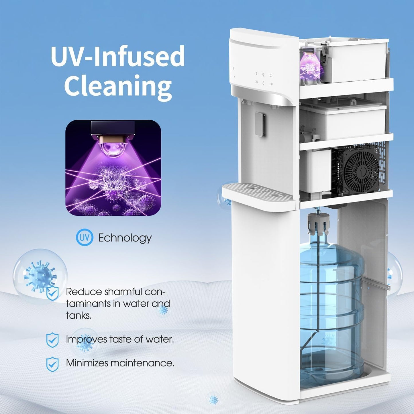 Self-Cleaning Bottom Load Water Cooler Dispenser with Ice Maker for 5 Gallon 3 Temperature Settings 22lbs Daily Capacity White