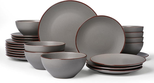 Famiware Venus Ceramic Plates and Bowls Sets, Speckled Dinnerware Dish Sets for 8 (24 Pieces) - Microwave and Dishwasher Safe, Matte Dark Grey