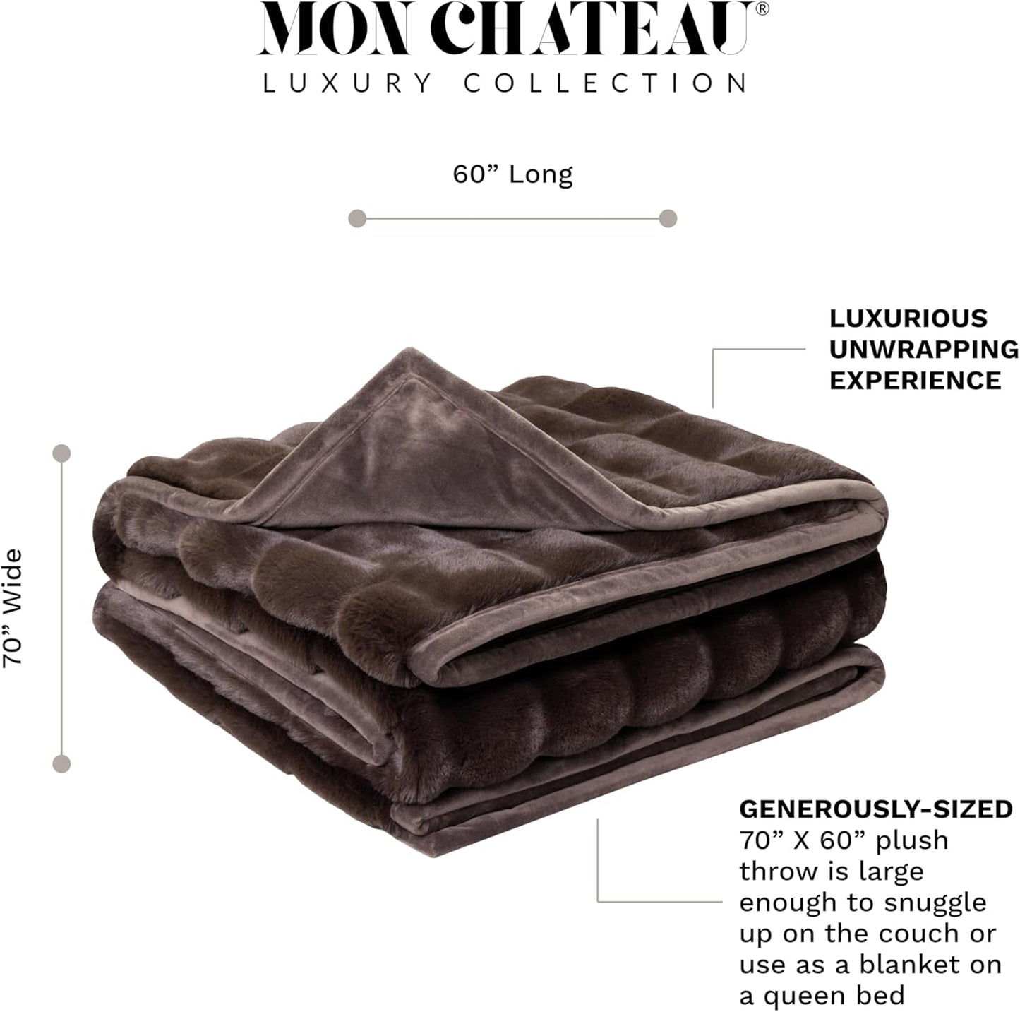 Mon Chateau Premium Reversible Luxury Faux Fur Throw for Couch, Sofa, or Bed - Plush Cozy Soft Blanket for Sleeping or Home Décor, 60" x 70" (Brown)