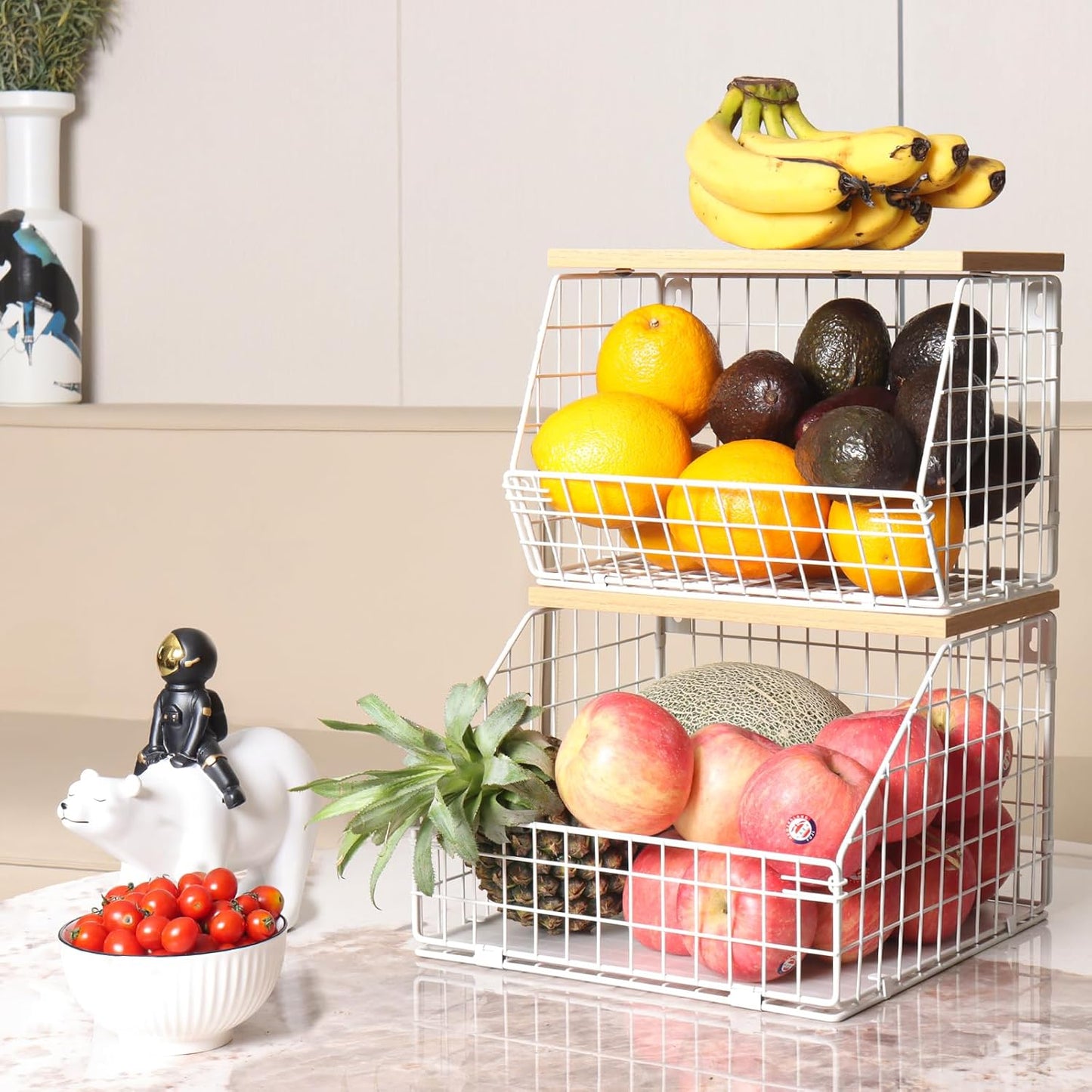 White Fruit Bowl, 2-Tier Fruit Basket for Kitchen Counter, Stackable Wall Mounted Veggie Storage, Snack Organizer, Potato and Onion Storage Basket, Hanging Pantry Organizer with Wood Lid, 2 Set