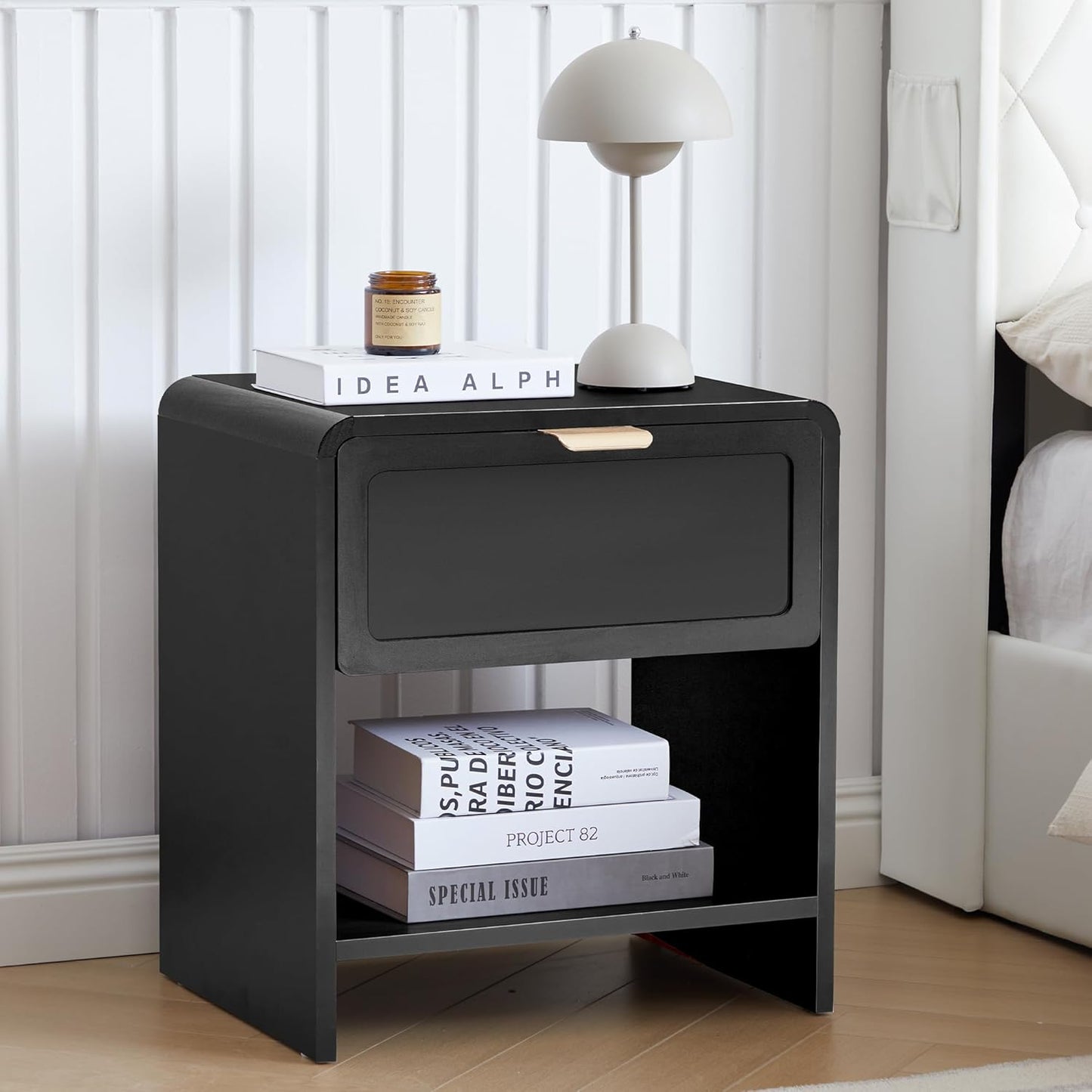 LEVNARY Nightstand with Charging Station, Mid-Century Modern Bedside Table with Curved Top Corners and Storage Drawer, Wooden End Table for Farmhouse Bedroom Living Room (1, Black)