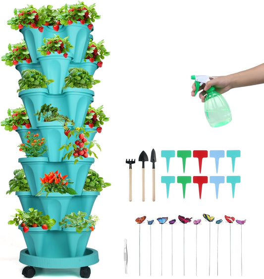 Vertical Planter, 7 Tier Stackable Strawberry Planter with Garden Tool Set, Movable Indoor/Outdoor Garden Herb Pot for Growing Vegetables and Succulents, Teal