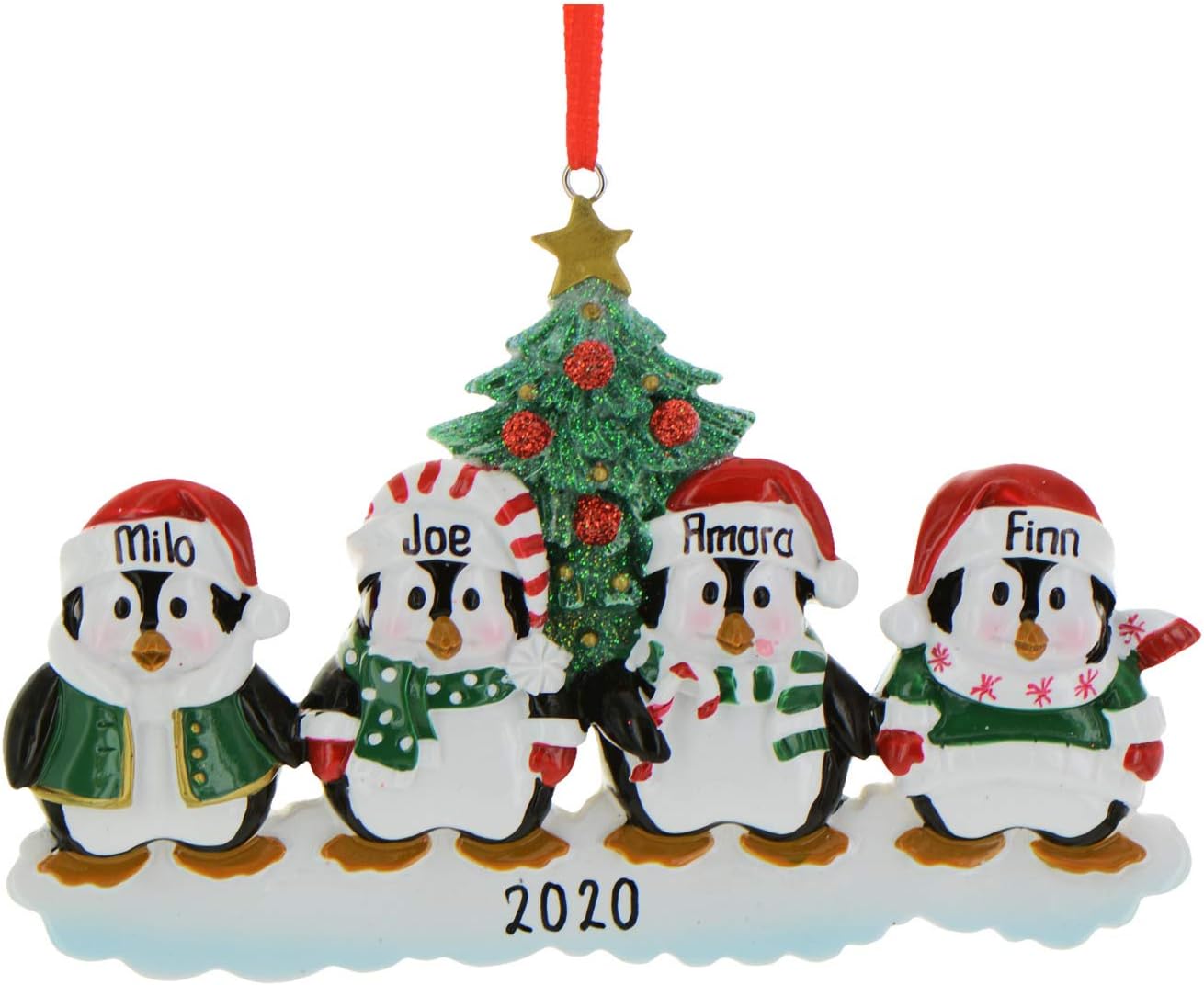 3D Penguins Family of 4 Christmas Ornament 2025 Personalized Family Christmas Ornaments 2025 | Winter Snow Penguins Personalized Tree Ornaments Customizable Gifts of Santa Hat Penguin of Four Ornament