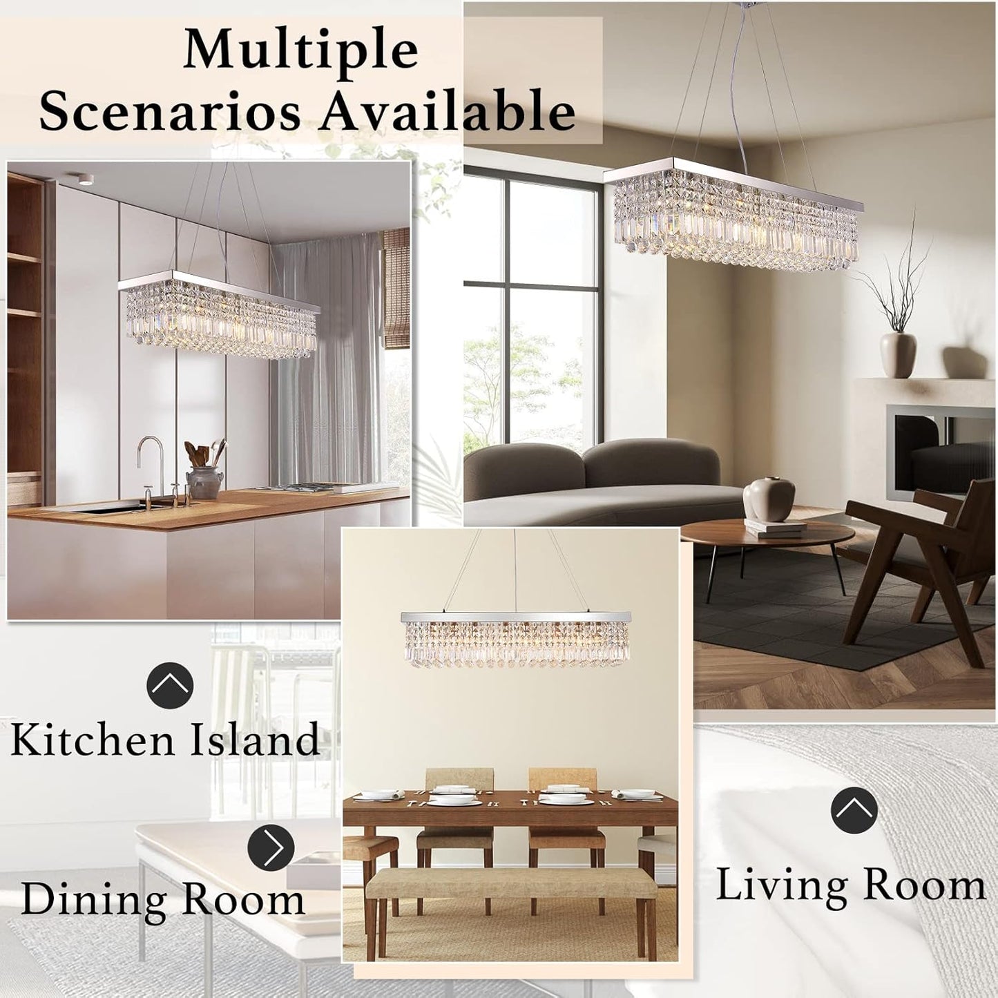 Siljoy Modern Rectangular Crystal Chandelier, 47" Rectangle Raindrop Hanging Ceiling Pendant Light Fixture Adjustable Height for Kitchen Island Dining Room, Polished Chrome Finish, L47 x W10 x H10
