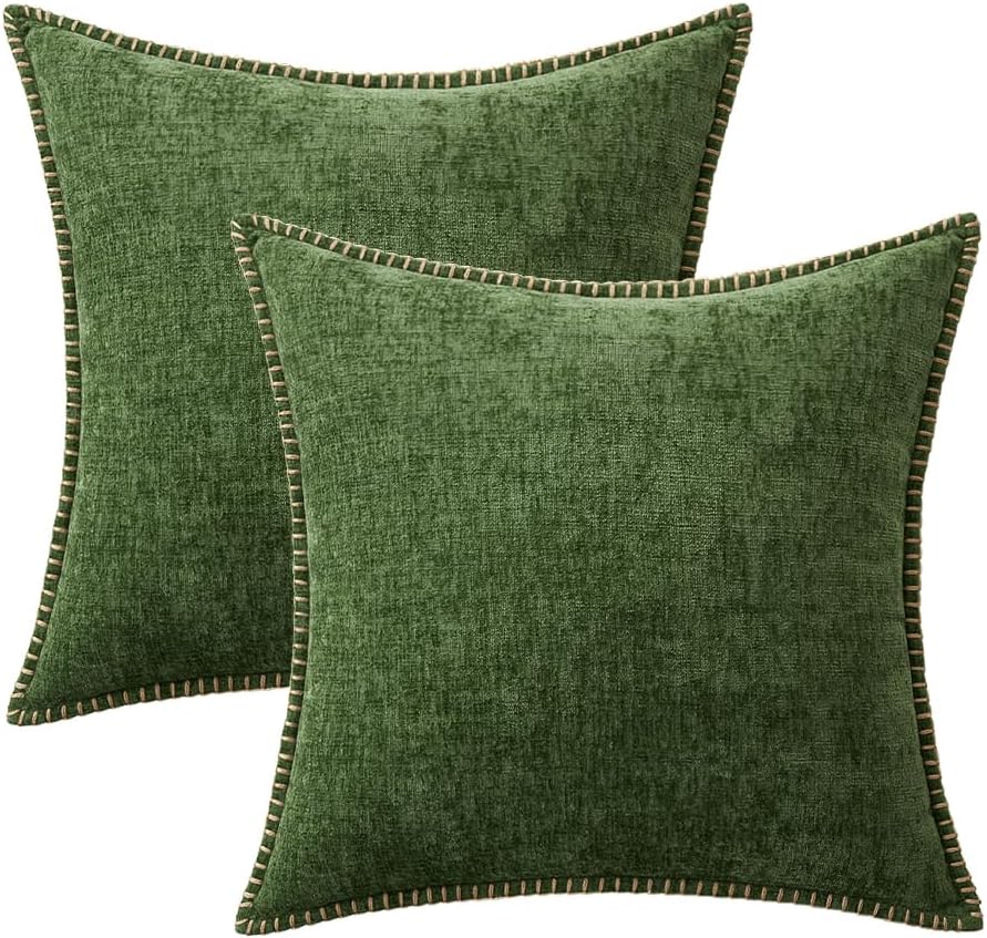 MIULEE Pack of 2 Christmas Pillow Covers 20x20 Inch Moss Green Farmhouse Decorative Throw Pillow Covers with Stitched Edge Soft Chenille Solid Dyed Couch Pillow Covers for Sofa Bed Living Room