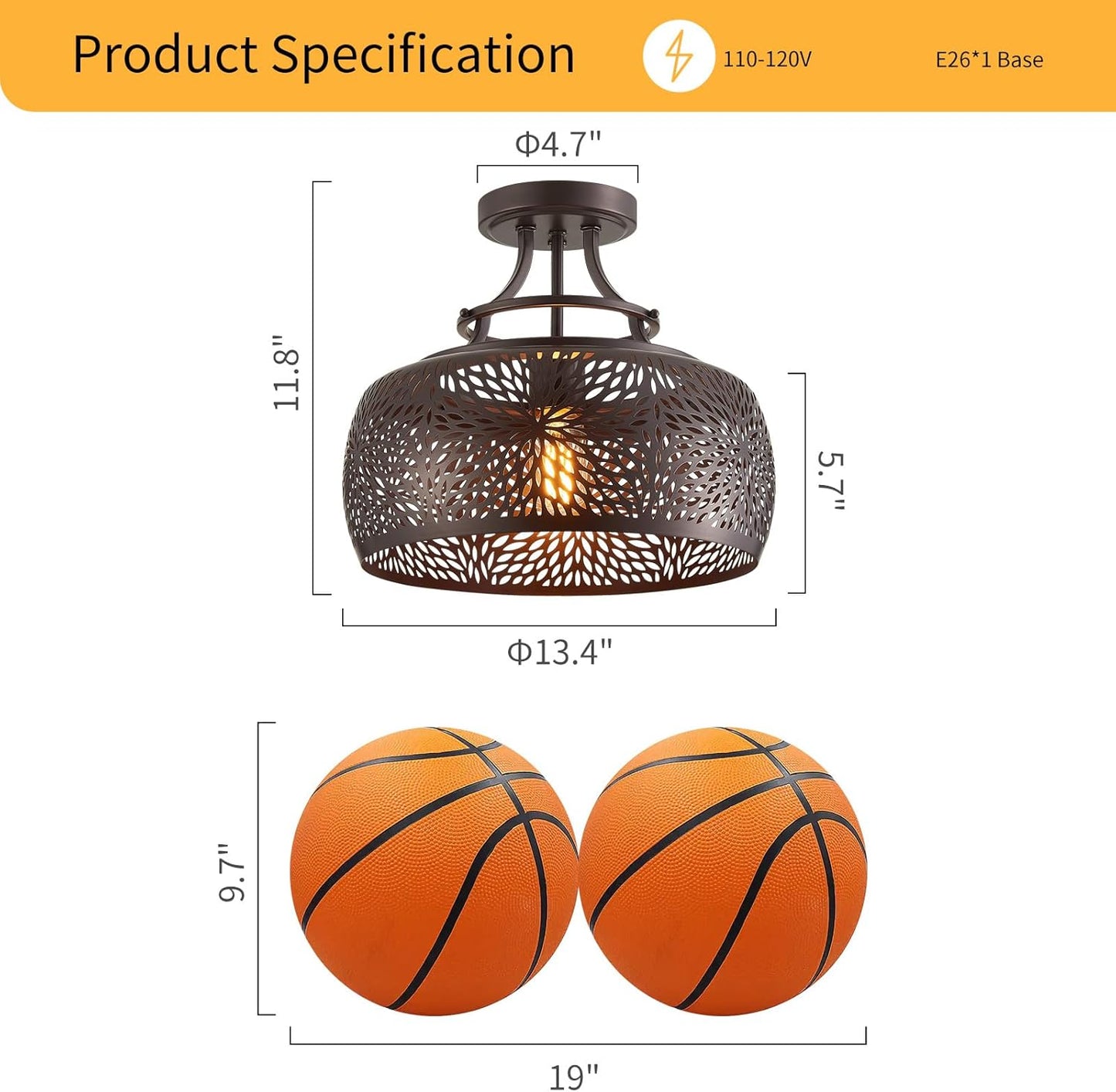 WUZUPS Chandelier Rustic Farmhouse Industrial Round Semi-flushmount Ceiling LED Light Fixture with Later-Cut Openwork Drum Shade, H 11.8" x W 13.4", Oil Rubbed Bronze