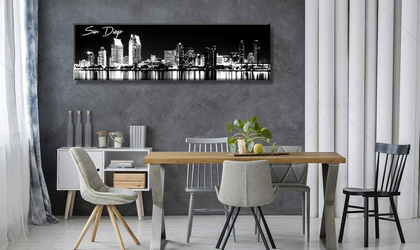 DJSYLIFE San Diego Skyline Wall Art Black and White Night View USA Cityscape California Pictures Artwork Painting Poster for Bedroom Office Decoration Stretch Framed Ready to Hang 13.8"x47.3"