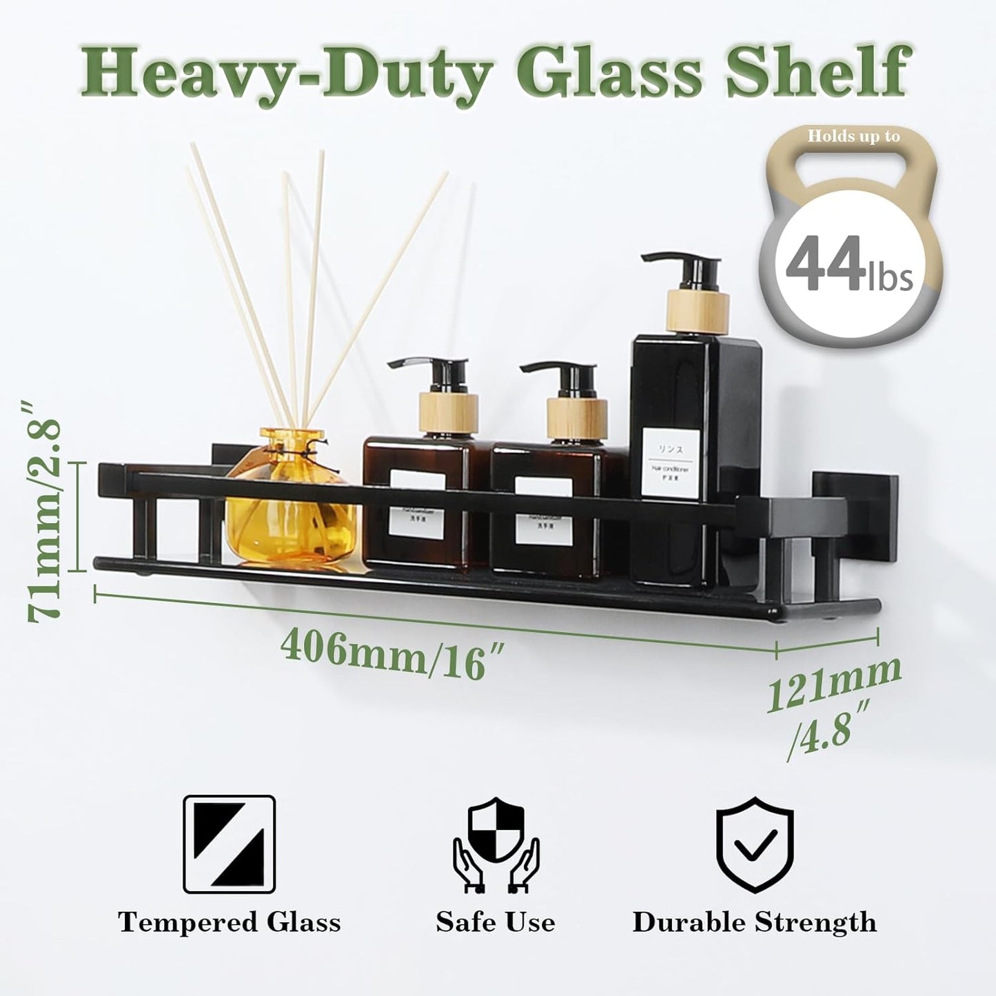 Alise Bathroom Glass Shelf with Stainless Steel Railing, Matte Black Small Tempered Glass Floating Wall Shelf Over The Toilet, 16 inch