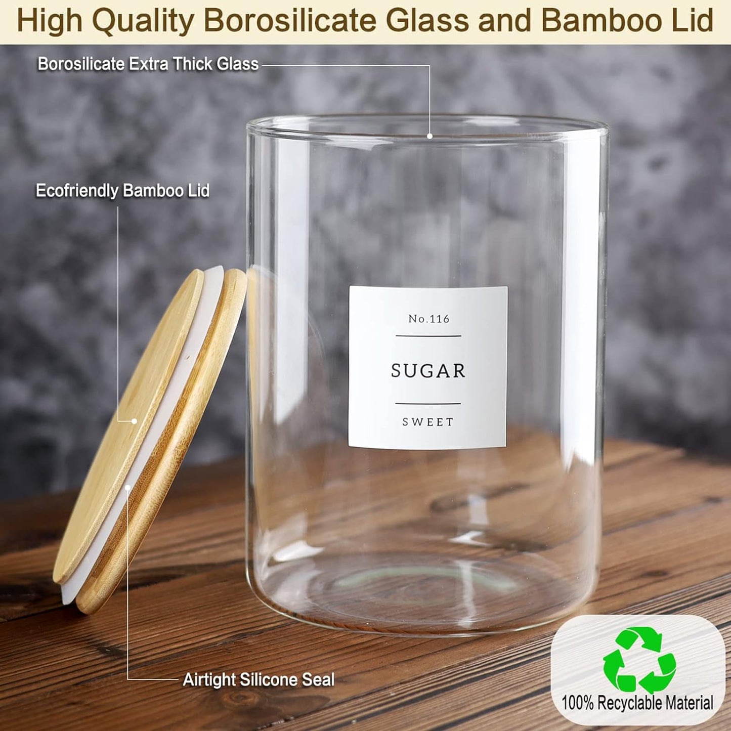 Large Glass Flour and Sugar Containers Jars with Bamboo Airtight Lid - 100 Fl Oz (3000ml) with Kitchen 42 Pantry Labels for Dry Food, Flour, Pasta, Cereal