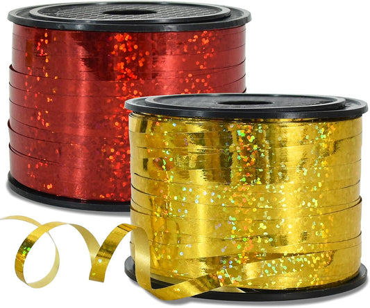 BEISHIDA 2 Pack 100 Yards Red Gold Ribbon Curling Crimped Glitter Balloon String Shiny Metallic for Gift Wrapping Birthday Party Festival Art Craft Decor Florist Flowers Decoration