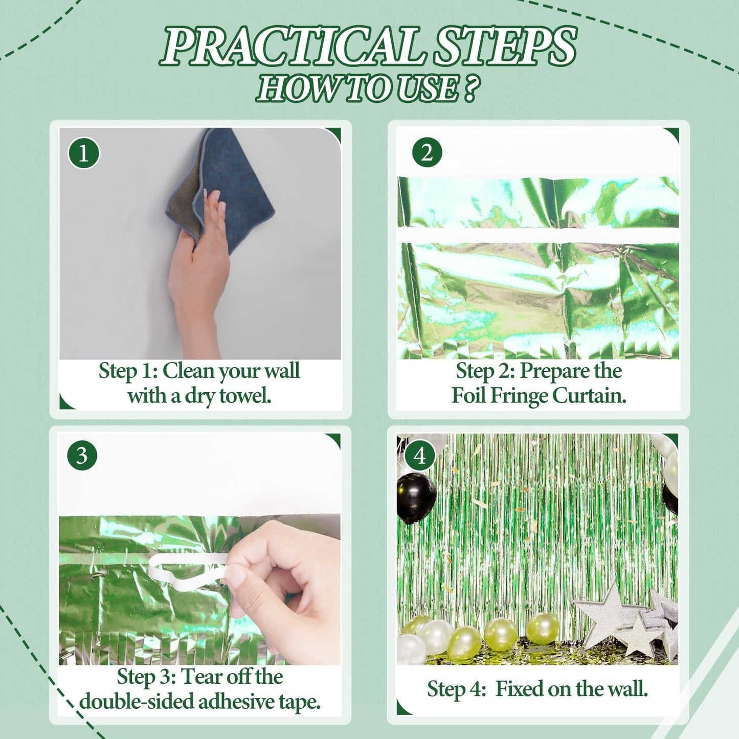 3 Pack Foil Fringe Backdrop - Light Green Shiny Tinsel Curtains for Party Decoration/Photo Booth Props - 3.3x8.2 FT Metallic Foil Backdrop for Birthday, Wedding, Graduation, Christmas