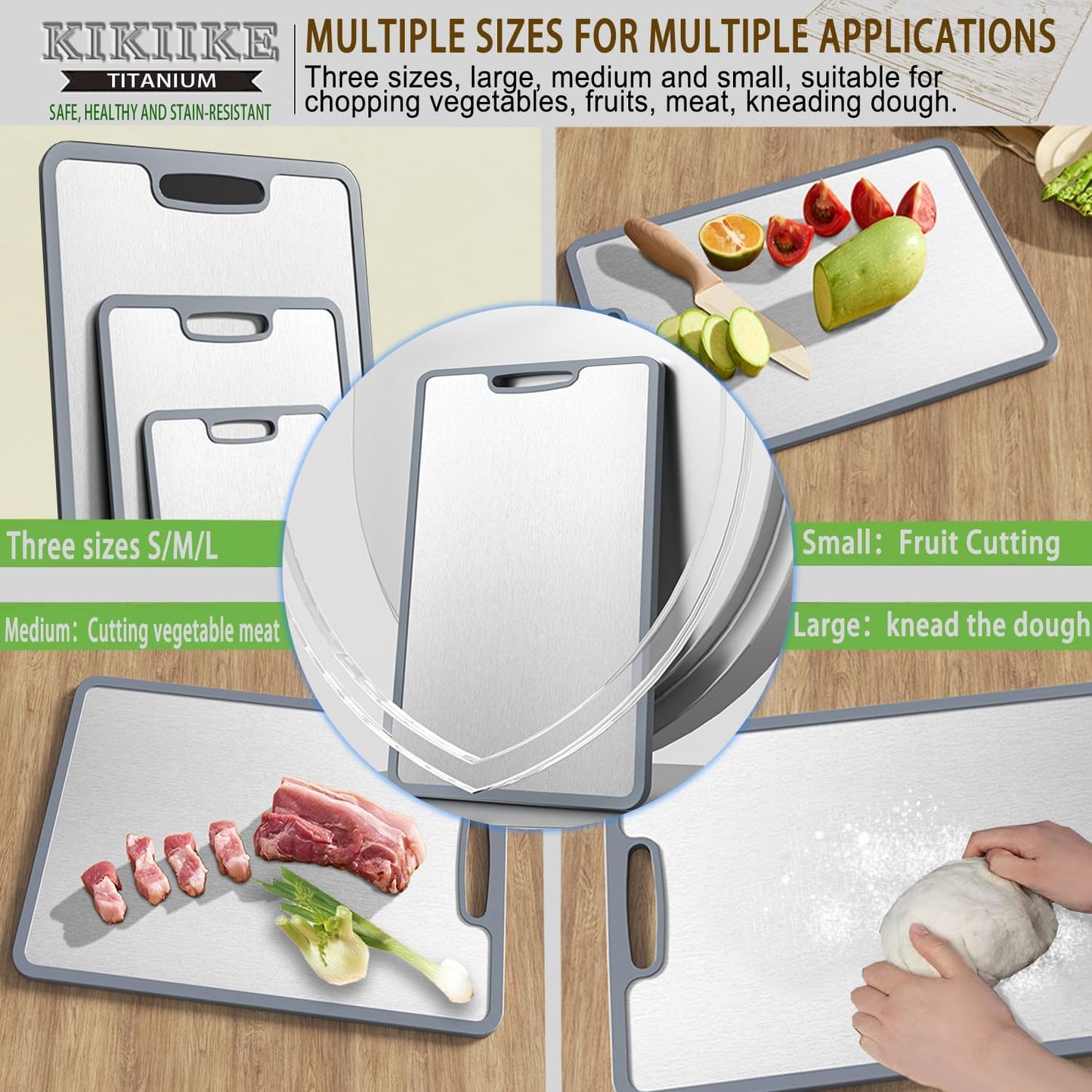 Titanium Cutting Board Double-sided non-slip silicone edging Pure Titanium Cutting Boards for Kitchen - Double-Sided Food-Grade Chopping Board Non-Stick Durable and easy to clean (3-Piece S/M/L)