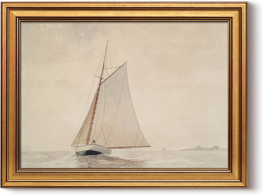 HUARCEY Gold Framed Vintage Wall Art for Living Room, Seaview Painting Prints Shelf Decor for Kitchen, Aesthetic Bedroom Wall Art, Christmas Gifts for Friends or Family (White Sailboat - 12"x16")