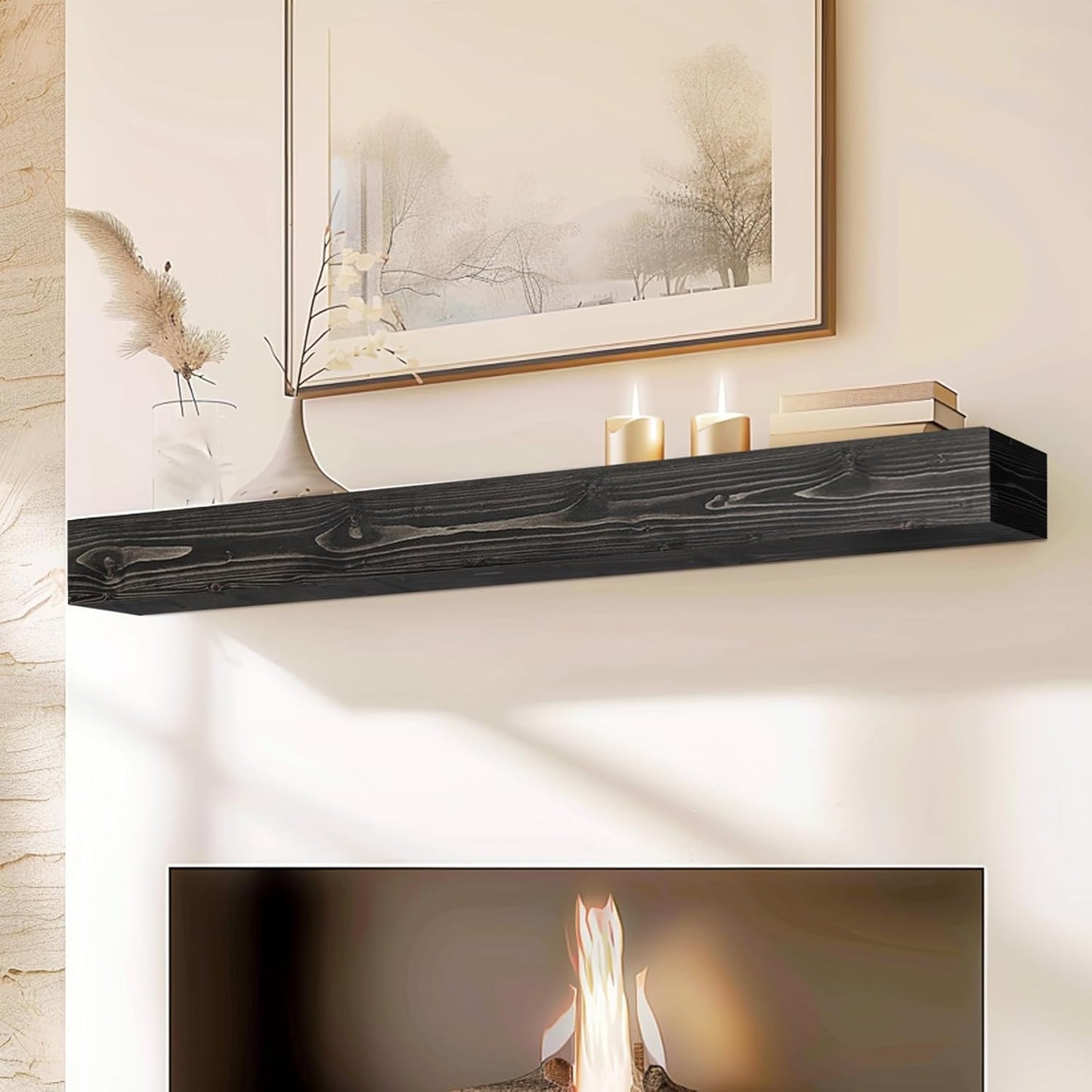 56x8x5 Fireplace Mantel - Handcrafted Hollow Rustic Solid Wood Wall Mounted Floating Shelf with Invisible Heavy Duty Wood Bracket (Weathered Black)