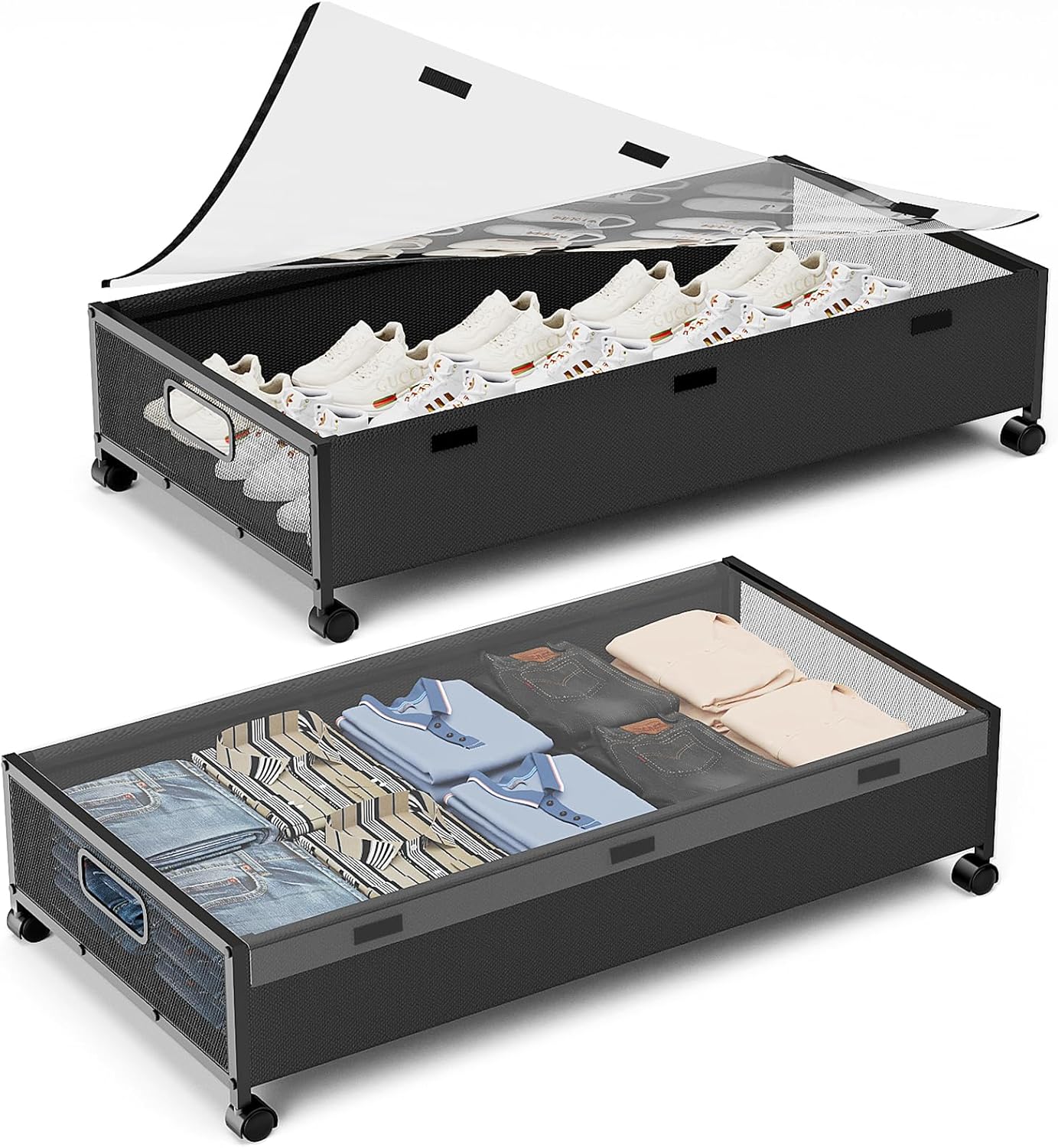 Under Bed Storage Containers with Wheels, 2 Pack Underbed Shoe Storage Organizer with Removable Lids, Large Rolling Under Bed Storage Dresser Drawers for Clothes Toys Shoes Blankets