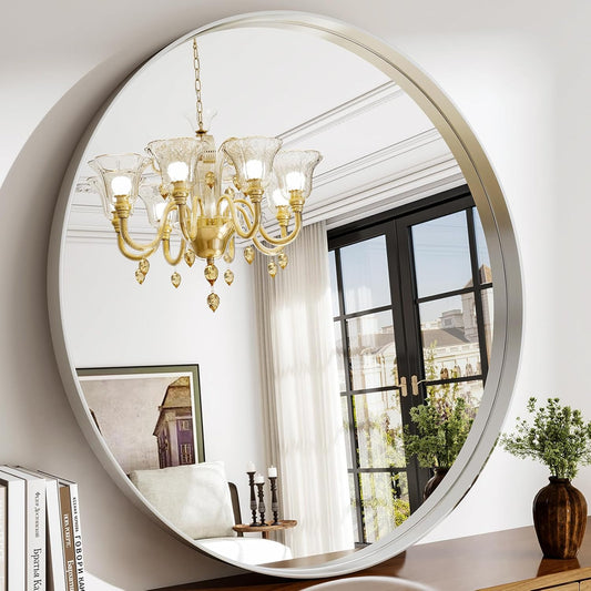 36 Inch Round Bathroom Mirror - Wall Mounted Circle Mirror with Metal Frame, Modern Mirror Suitable for Bathroom, Vanity, Entryway, Living Room, Wall Decor,Silver