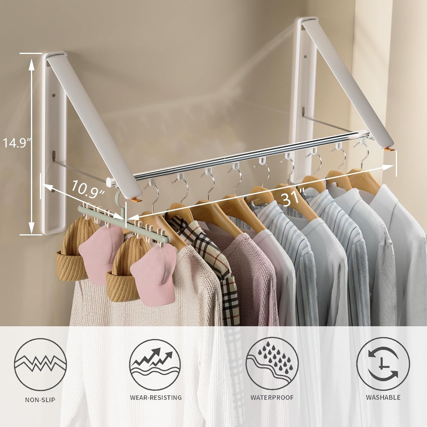 Dr.DJ Clothes Drying Rack with Rod, Wall-Mounted Retractable & Foldable Clothes Hanger for Laundry Room Organization and Storage, Metal Clothes Hanger Rack for Dorm, Closet, Balcony 2Rack,1Rod White
