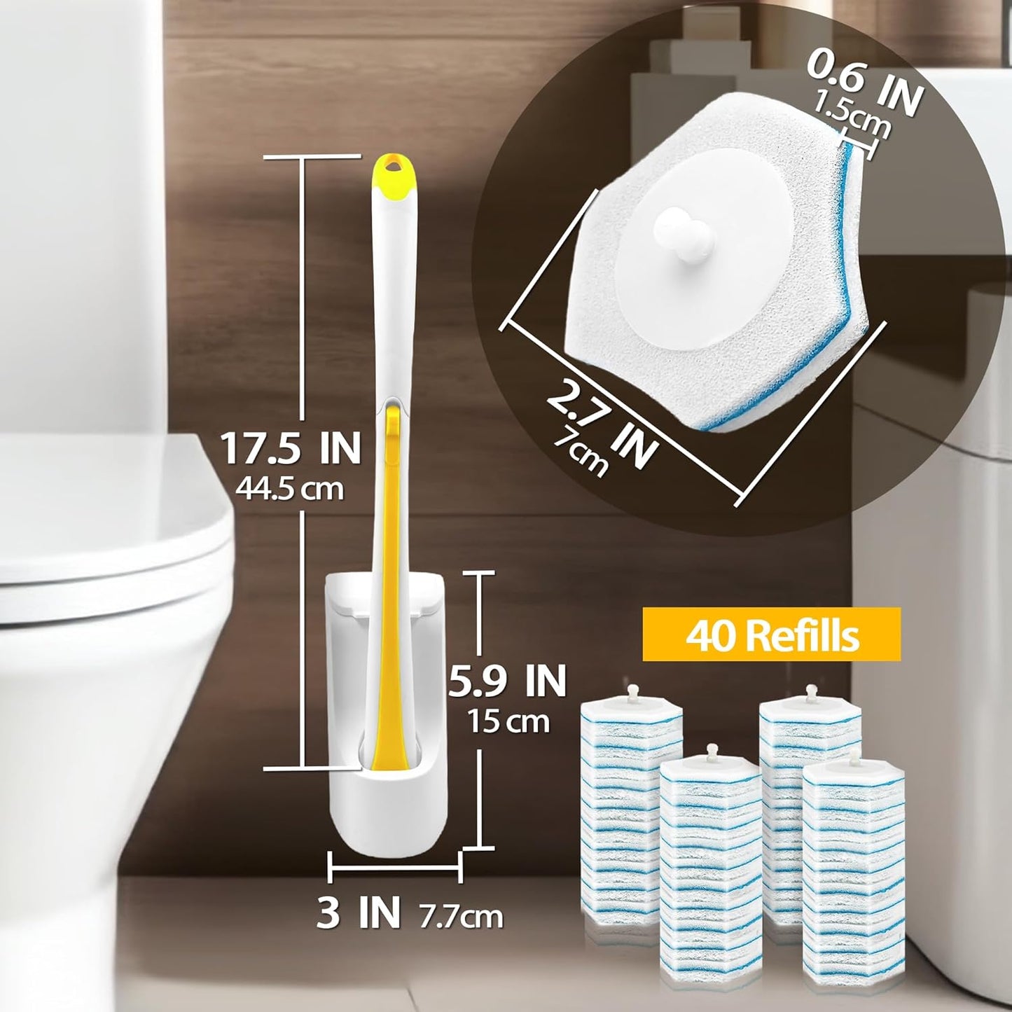 JEHONN Disposable Toilet Brush with 40PCS Wand Cleaner Refills, Wall Mounted Toilet Bowl Brush Holder Set, Bathroom Cleaning System for Sink Bathtub Wash Basin (Yellow)