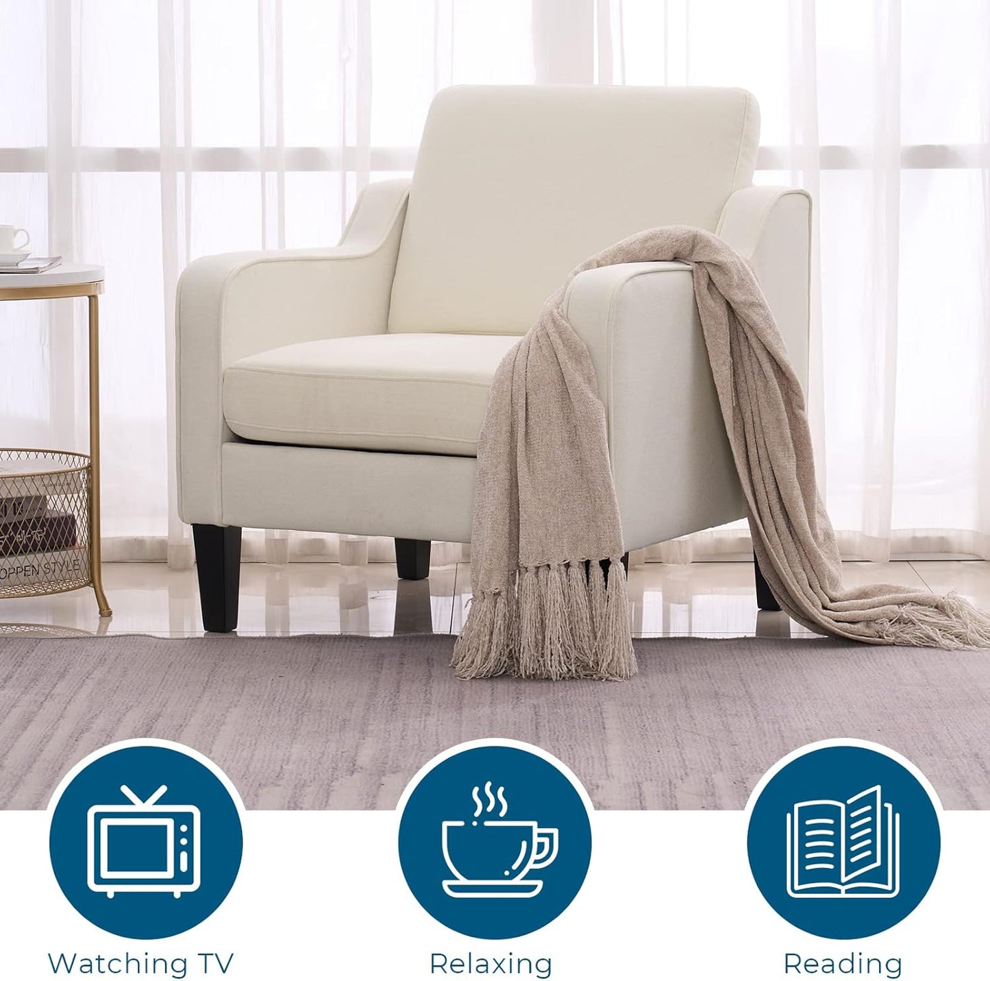 VINGLI Mid Century Modern Accent Chair, Beige Fabric Accent Chairs for Living Room Upholstered Armchair Sofa with Scooped Arms for Bedroom, Apartment, Studio, Office, Waiting Room