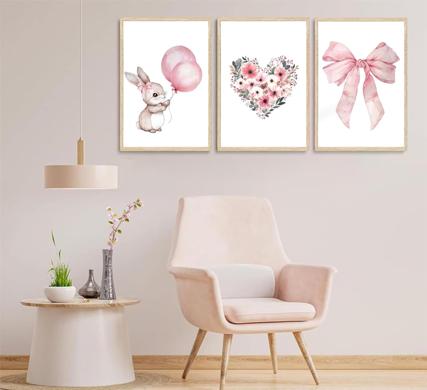3Pcs Cute Bunny Canvas Wall Art Pink Bow Easter Poster Prints Love Wildflowers Picture Decoration for Nursery Girl Bedroom Children's Room Easter Gifts for Kids Unframed