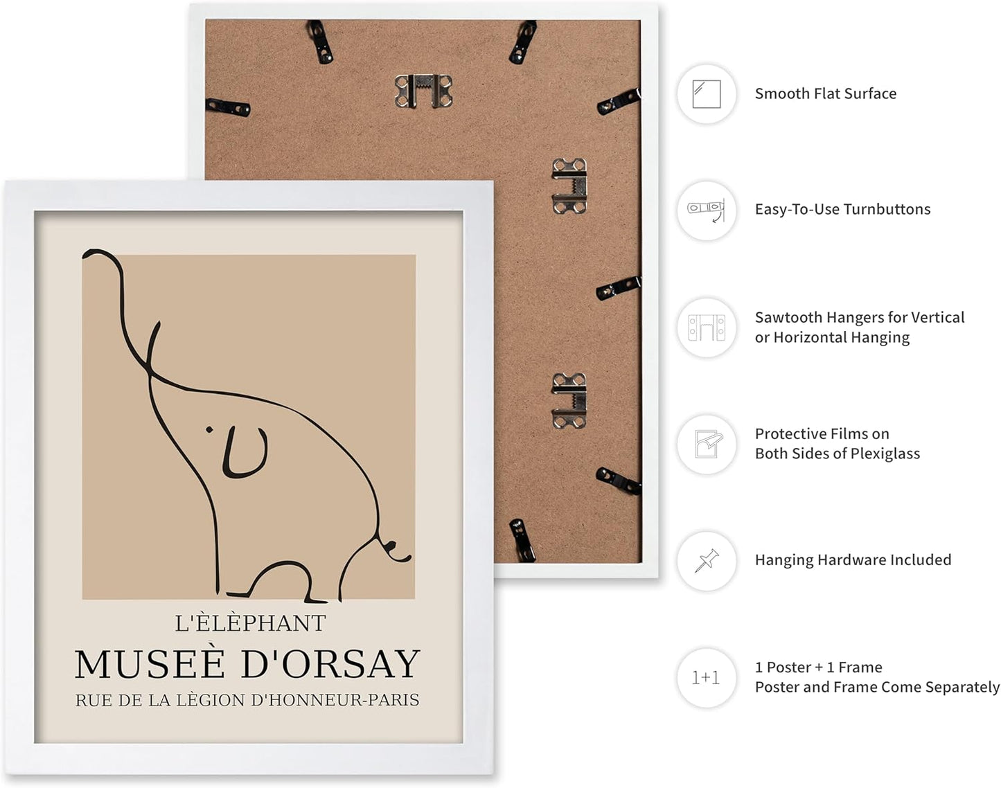 Poster Master Vintage Poster - Retro Minimalist Print - Gift for Artist, Housewarming - Elephant, Line Drawing, Sketch, Abstract - Wall Decor for Living Room, Bedroom, 11x14 White Framed