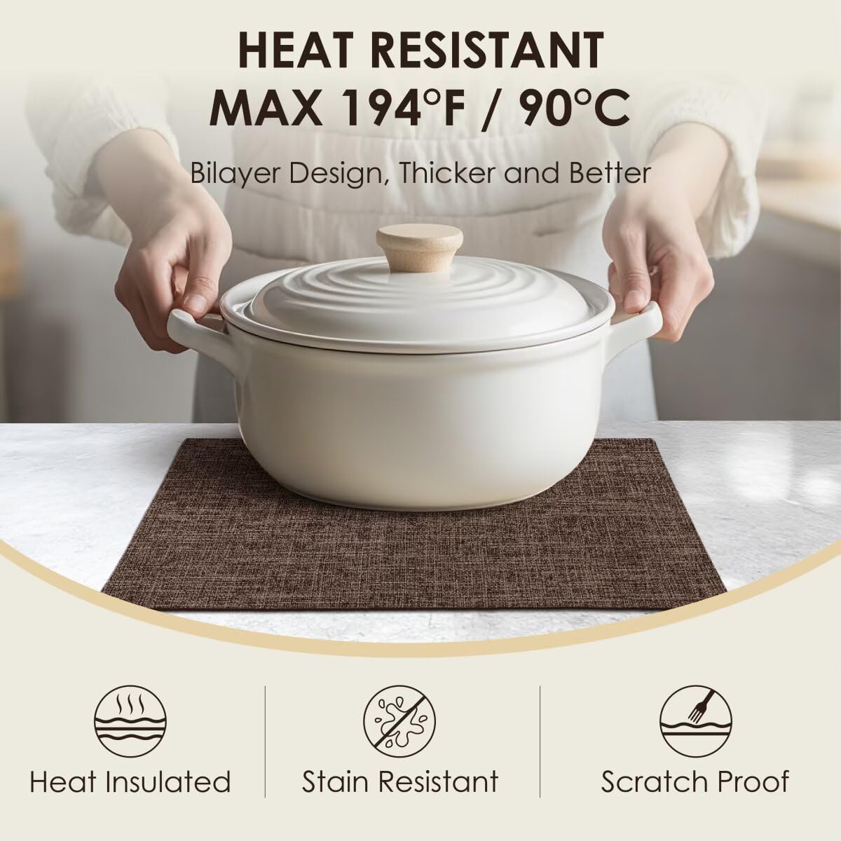 Placemats Set of 4, Bilayer Thickened Linen Place Mats Heat Resistant Machine Washable Wrinkle Free Carefully Selected Polyester Mats for Kitchen/Dining/Coffee Table (Burlap)