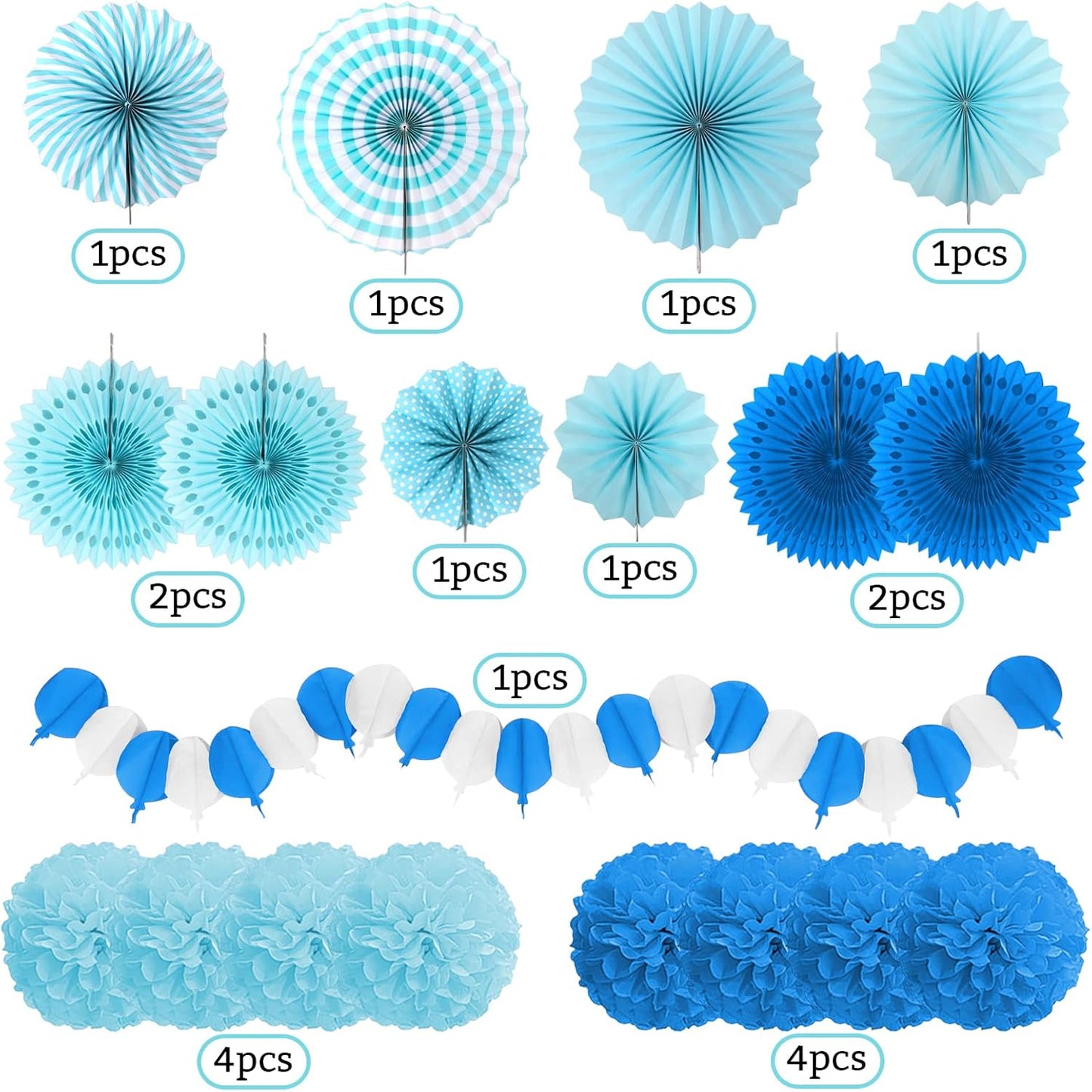 Party Decorations, Blue Papar Fans Pompoms Garlands for Men Boy Fathers Day Graduation Bachelorette Wedding Birthday Baby Showers Birthday Party Decoration