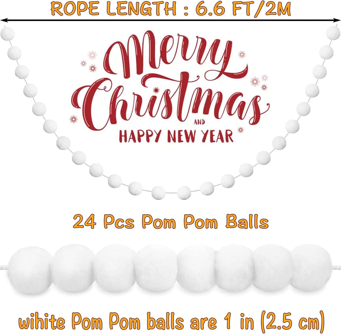 Jishi 3pk White Felt Pom Pom Garland Christmas Tree Decorations Indoor Home Decor, Cute Winter Wonderland Snow Ball Ornaments, Hanging String Pompom Snowball Beads, Xmas Holiday Birthday Party Banners