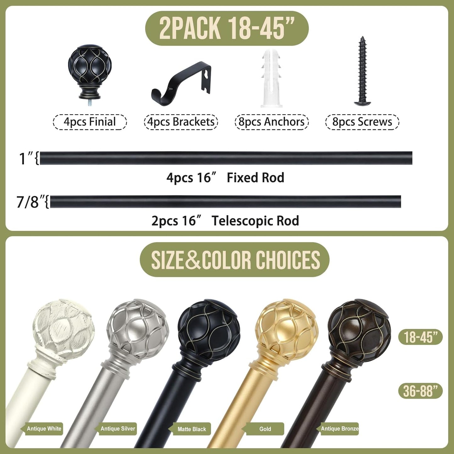 Black Adjustable Curtain Rods for Windows:Farmhouse Heavy Duty Curtain Rod for Bedroom Living Room,Boho Decorative Rustic Drapery Rods with Vintage Coastal Finials,Matte Black 2 Pack 18-45"