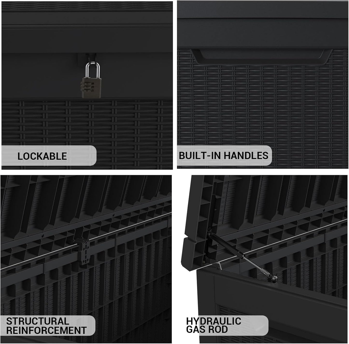 DRATO 260 Gallon Deck Box, Outdoor Large Waterproof Resin Storage Box with Lockable Lid for Patio Cushions, Gardening Tools, Sports Equipment, Black