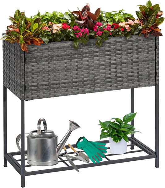 SUNNYPARK Tall Planters for Outdoor Plants Rattan Modern Elevated Planter Box with Removable Liners Indoor Outdoor Porch Patio Flower Pot (27.5’’ x 12’’ x 27.5’’)