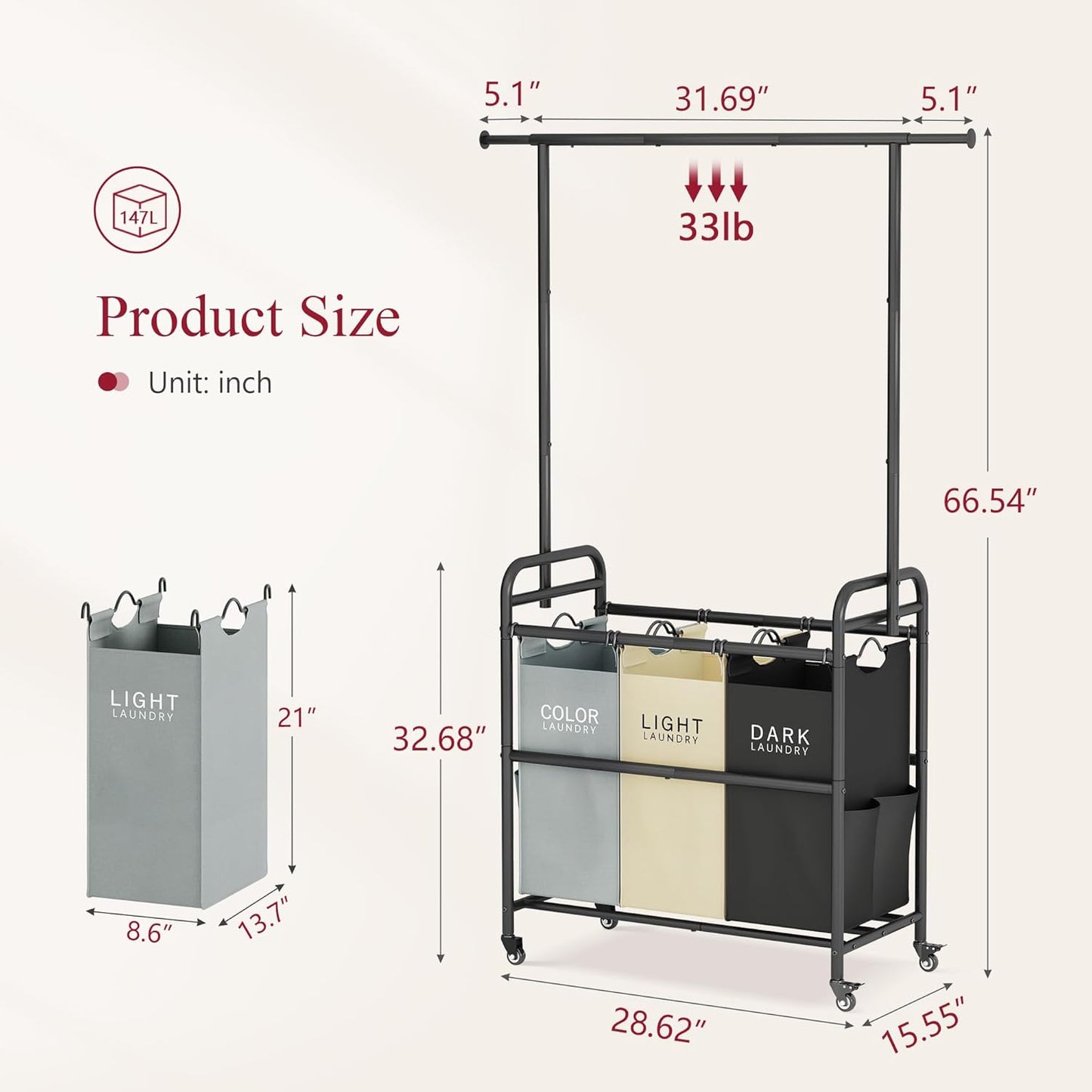 Tajsoon Laundry Sorter Cart with Hanging Clothes Rack, 3 Butler Sorter Basket Organizer, Laundry Hamper Cart with Heavy Duty Rolling Lockable Wheels, 3 Colors