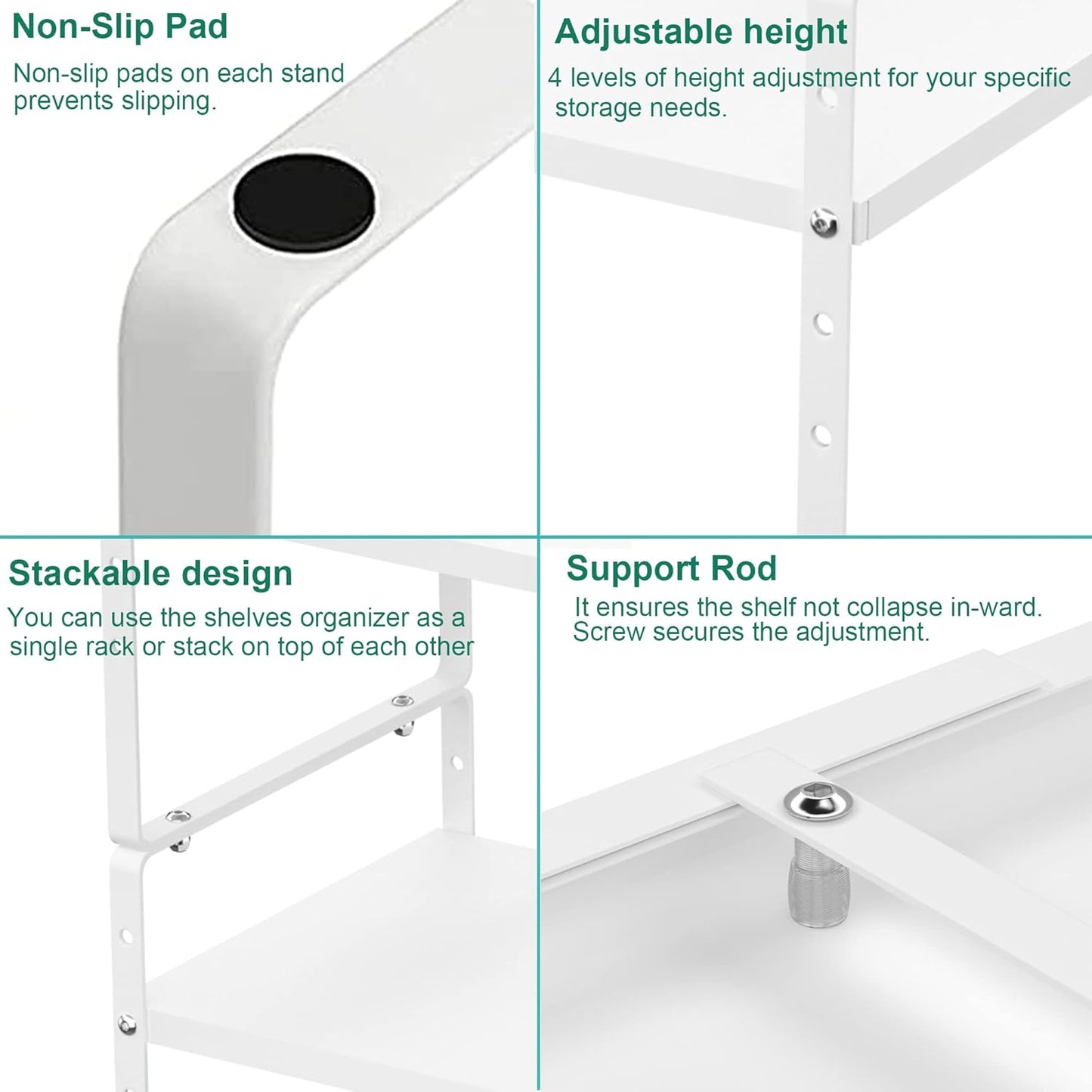 iPEGTOP Expandable Cabinet Storage Shelf Organizer Rack, Heavy Duty Cupboard Stand Spice Rack Adjustable Height Garage Pantry Shelf Space Riser for Counter Kitchen Organization, White, 1 Pack