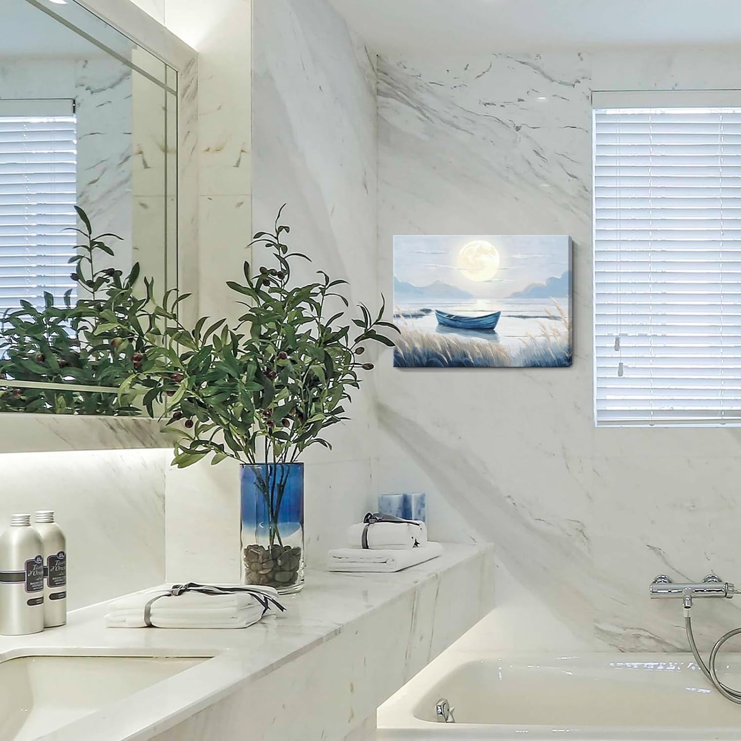 amatop Coastal Bathroom Wall Art Blue Beach Nautical Ocean Nature Canvas Picture with Boat Moon Lake Mountain Sea Relaxing Serene Landscape Gallery Wrapped Artwork for Modern Home Bedroom Decor 16x12