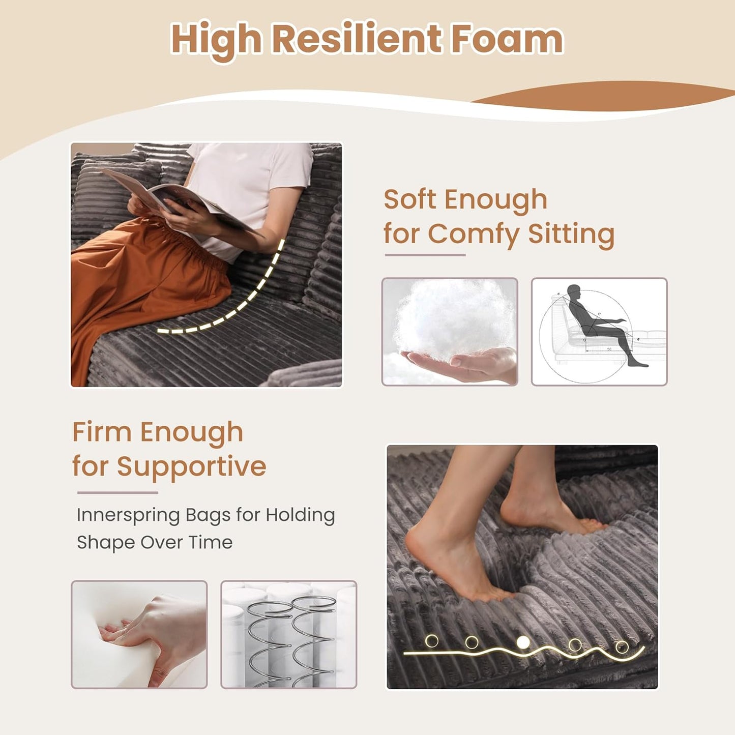 HOOOWOOO Cloud Sectional Couches for Living Room,Modular Sectional Sofa No Assembly,136X70 Inch Plush Corduroy Large U Shaped Floor Couch Set with Deep Seat(Gray)