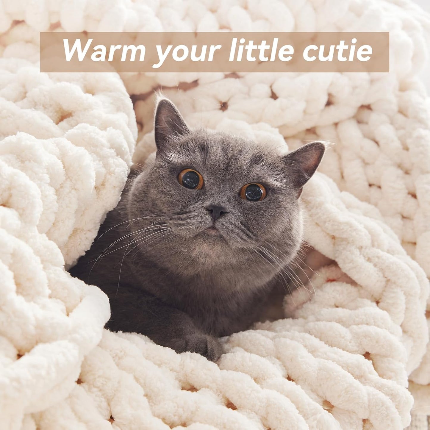 Chunky Knit Throw Blanket, 80''*90'' Knitted Throw Chenille Yarn for Bed Couch, Handmade Cream Crochet Big Thick Blanket, Machine Washable Cute Comfy Blanket for Home Decor