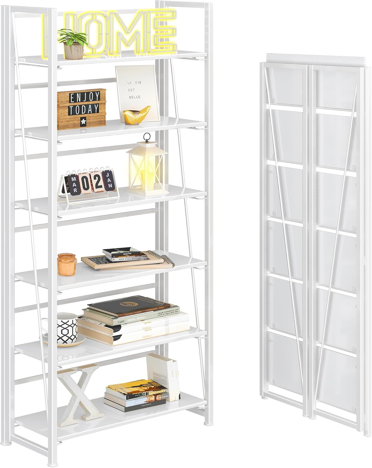 4NM No Assembly Foldable Bookshelf, 6-Shelf Collapsible Bookcase Storage for Small Spaces, 74" H, All White