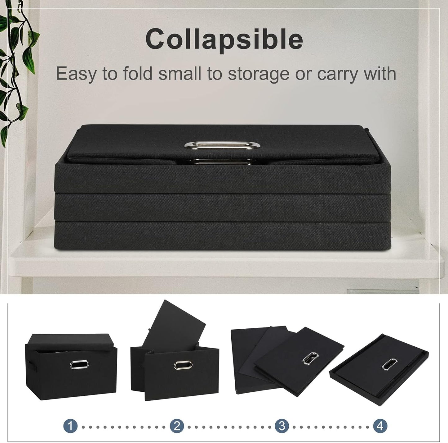 Medium 15" 21 Quart Collapsible Stackable Storage Bins with Lids, 5 Packs Black Foldable Fabric Closet Storage Boxes with Lids, Lidded Heavy-duty Linen Baskets(15x11x8)