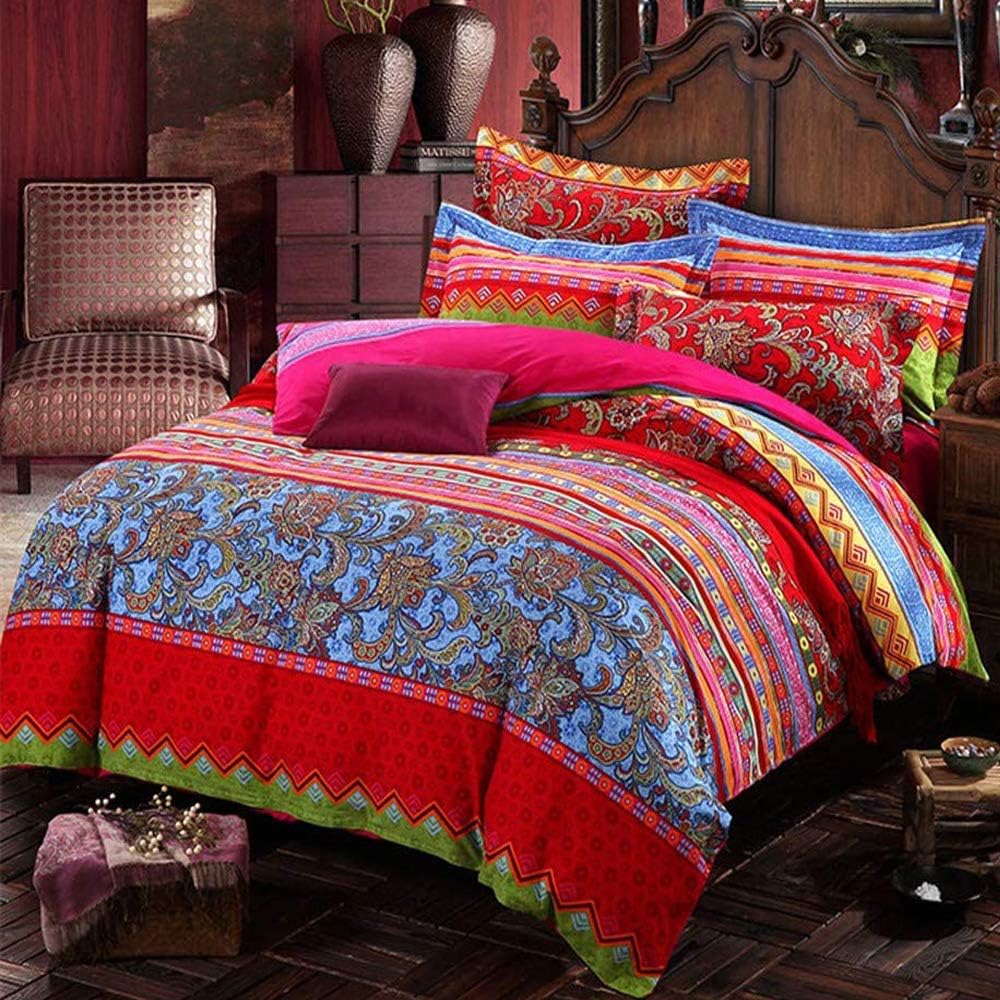 ABREEZE Bohemian Duvet Cover Set Colorful Red Boho Retro Bedding Set Damask Paisley Cotton Duvet Cover Tribal Reversible Bedding Exotic Style Comforter Cover 3-Piece King