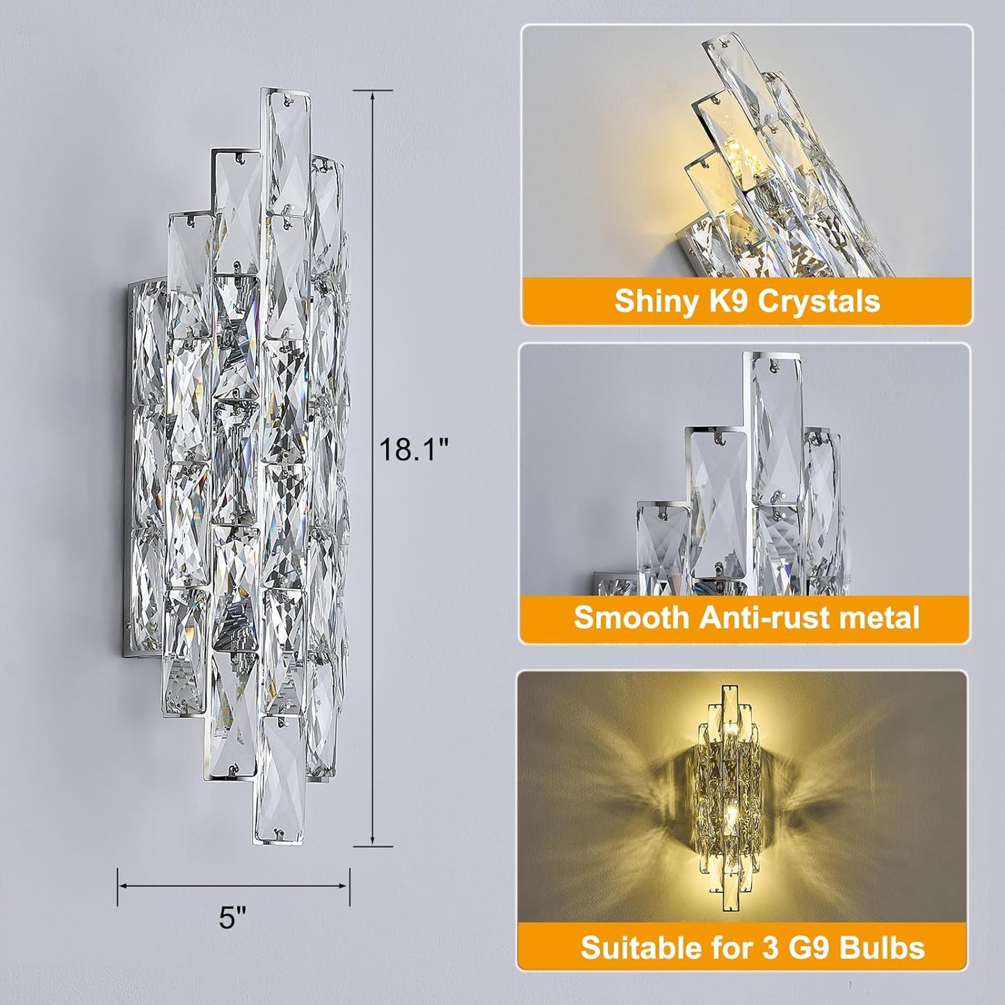 Modern Chrome Crystal Wall Sconce Light Fixtures, Wall Mount Lamps for Bedroom Living Room Bathroom Vanity Mirror