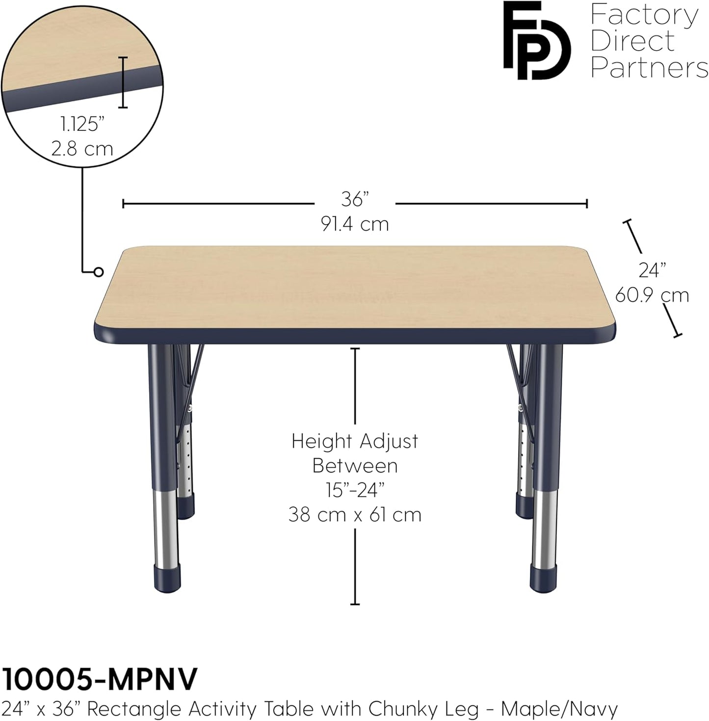 Factory Direct Partners FDP Rectangle Activity School and Classroom Kids Table (24 x 36 inch), Chunky Toddler Leg, Adjustable Height 15-24 inches - Maple Top and Navy Edge