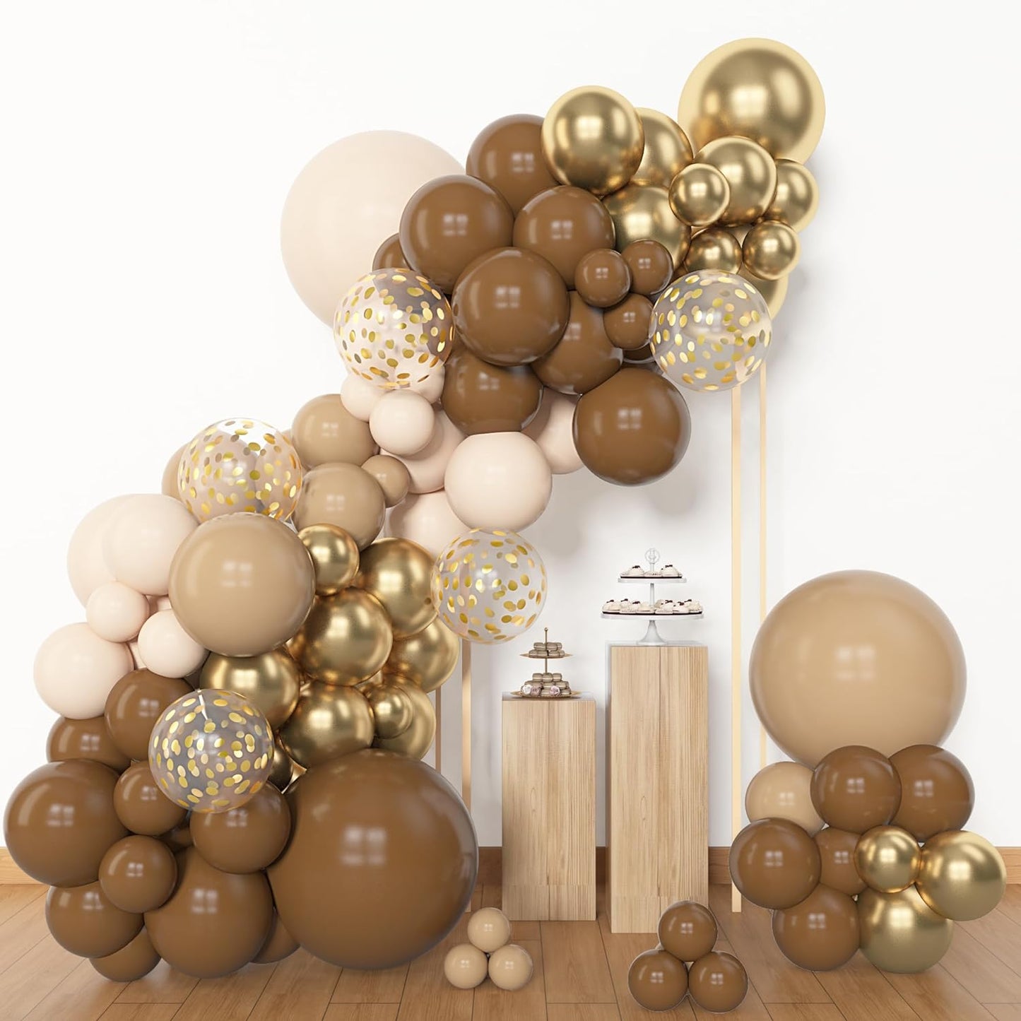 Amandir 153pcs Brown Balloon Garland Arch Kit, Different Sizes 18 12 10 5 inch Brown Nude Latex Metallic Confetti Gold Balloons for Neutral Bear Baby Shower Safari Birthday Party Decorations Supplies